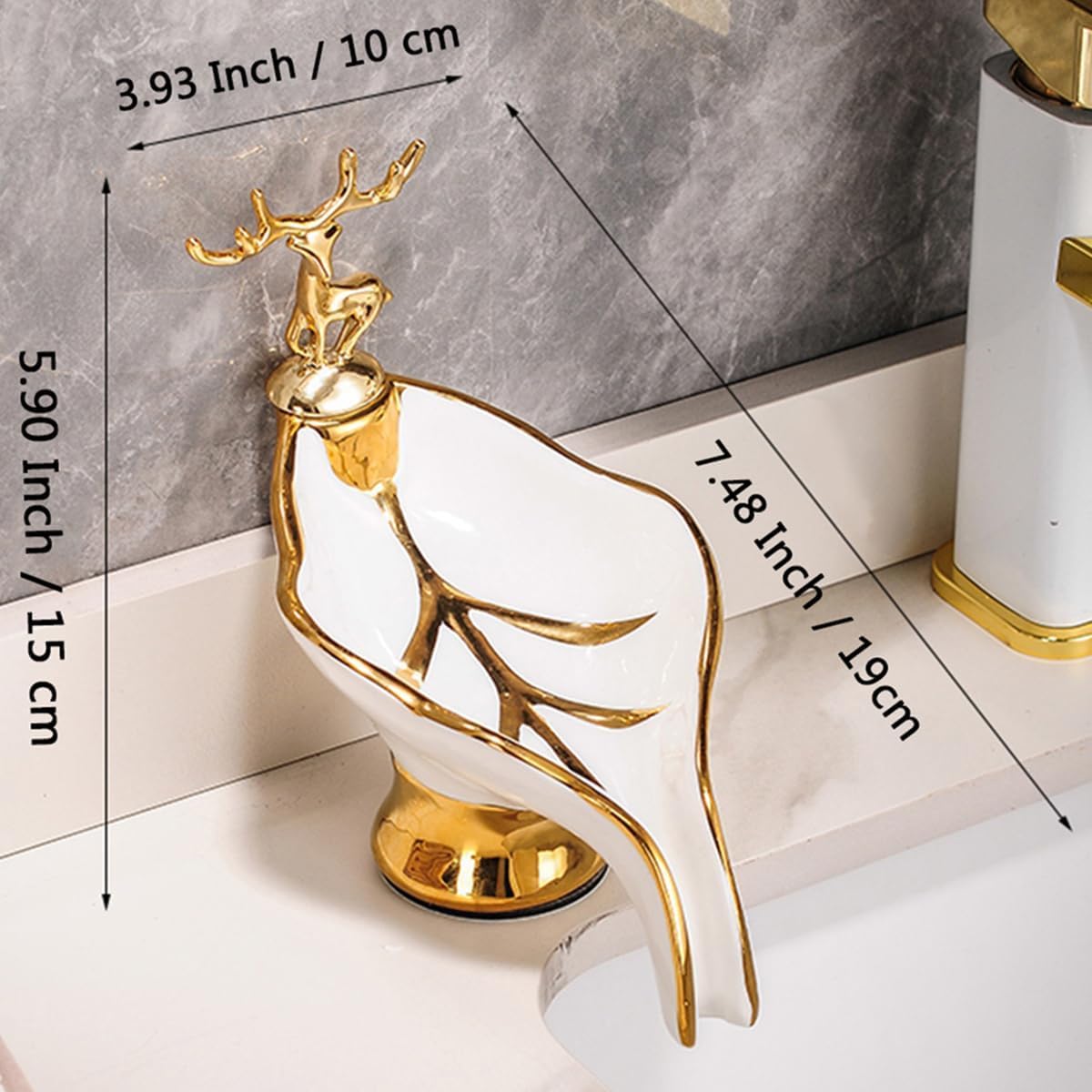 Compact Ceramic Soap Dish with Gold Deer Self-Draining for Bathroom Kitchen
