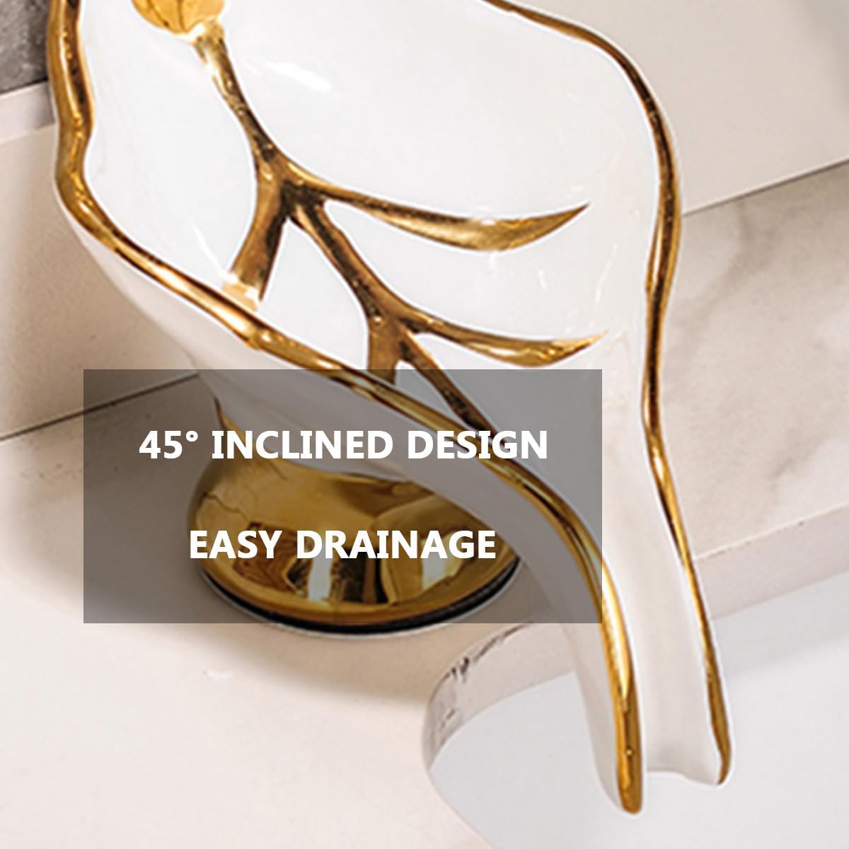 Compact Ceramic Soap Dish with Gold Deer Self-Draining for Bathroom Kitchen