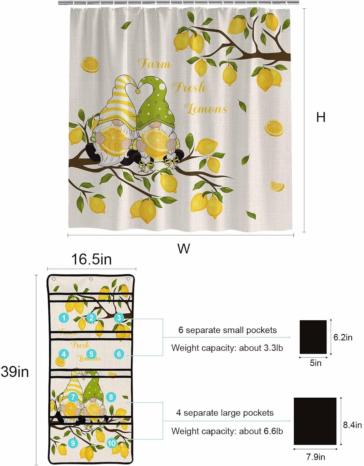 ZFUNCING Farm Yellow Lemon Yellow Gnome Mesh Shower Curtain Organizer Set Waterproof Rustic