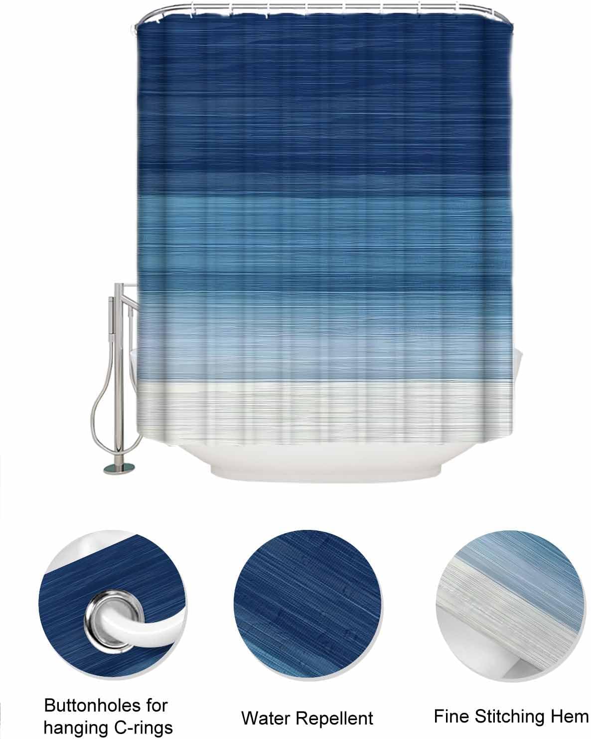ZFUNCING Navy Blue White Gradient Shower Curtain Set with 10 Pockets