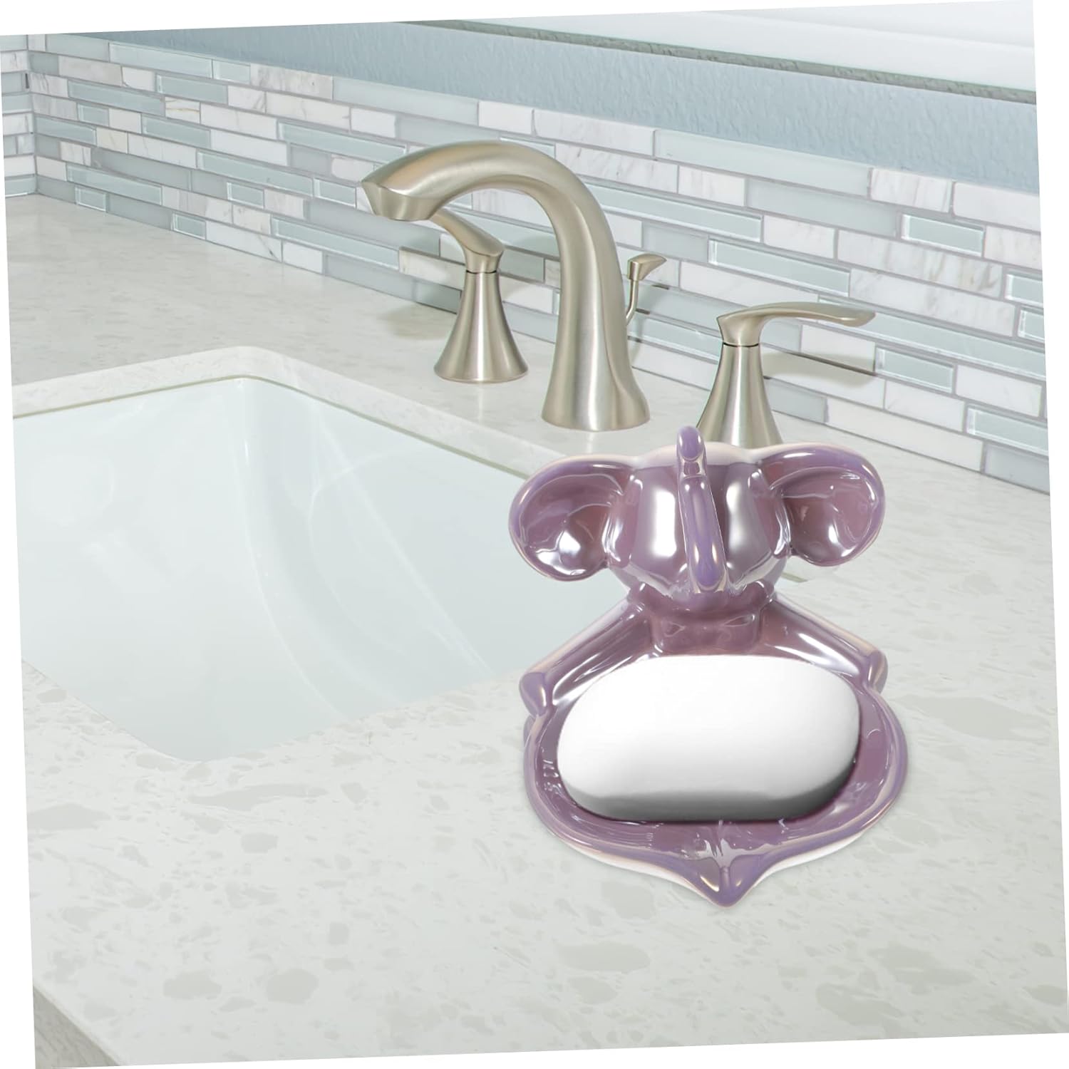 Cute Elephant Ceramic Soap Holder Self Draining Purple Design
