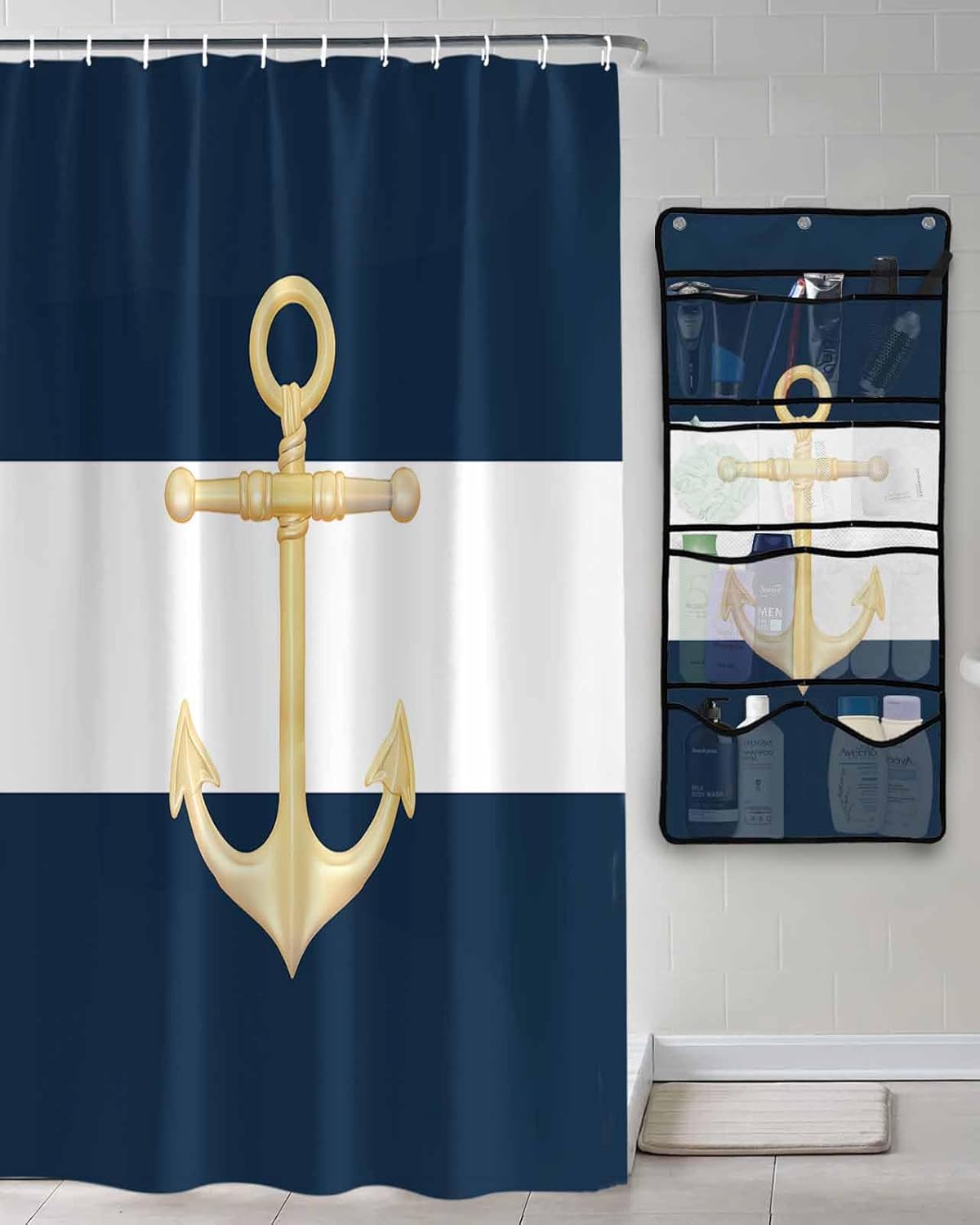 ZFUNCING Gold Sea Anchor Blue White Waterproof Shower Curtain Set