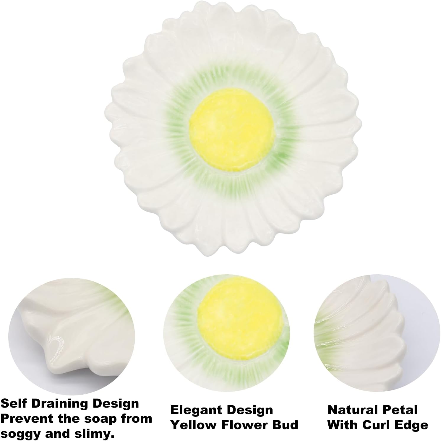 Polyroyal Daisy Flower Ceramic Waterfall Soap Dish Self-Draining