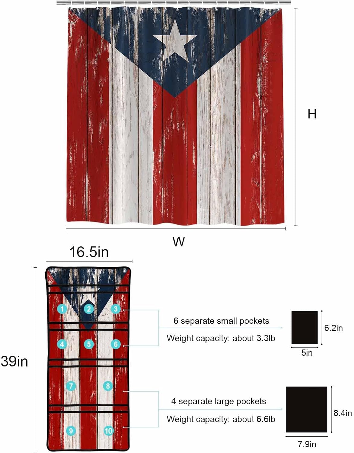 Herbed Puerto Rico Flag Water Proof ShowerCurtain Organizer Set with 10 Pockets