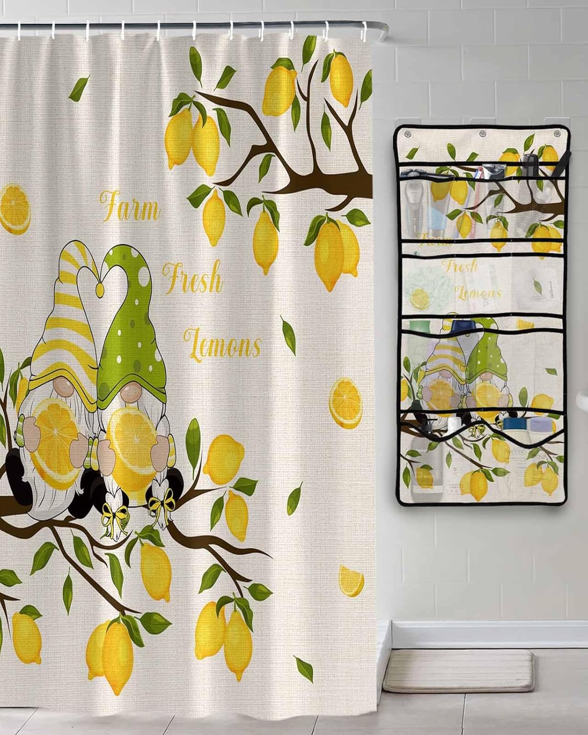 ZFUNCING Farm Yellow Lemon Yellow Gnome Mesh Shower Curtain Organizer Set Waterproof Rustic