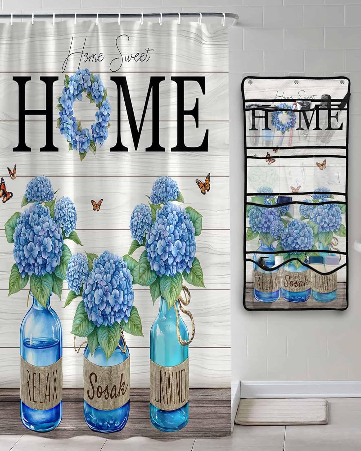 ZFUNCING Shower Curtain Set with Hooks and Organizer