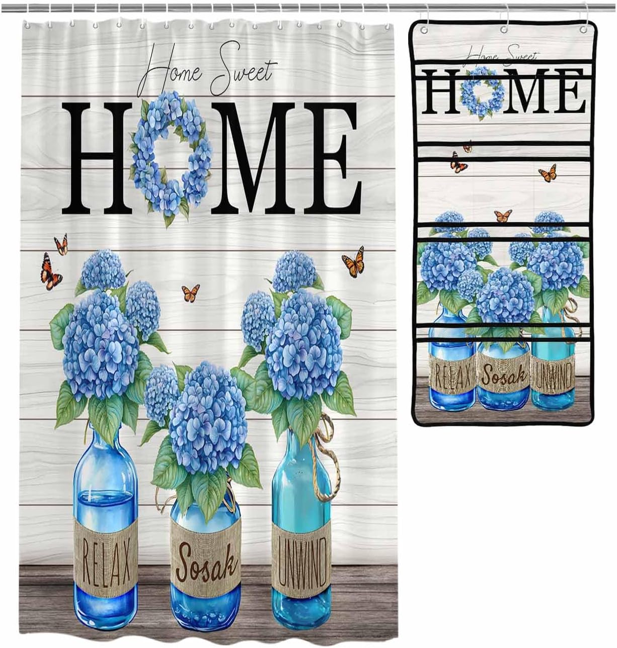 ZFUNCING Shower Curtain Set with Hooks and Organizer