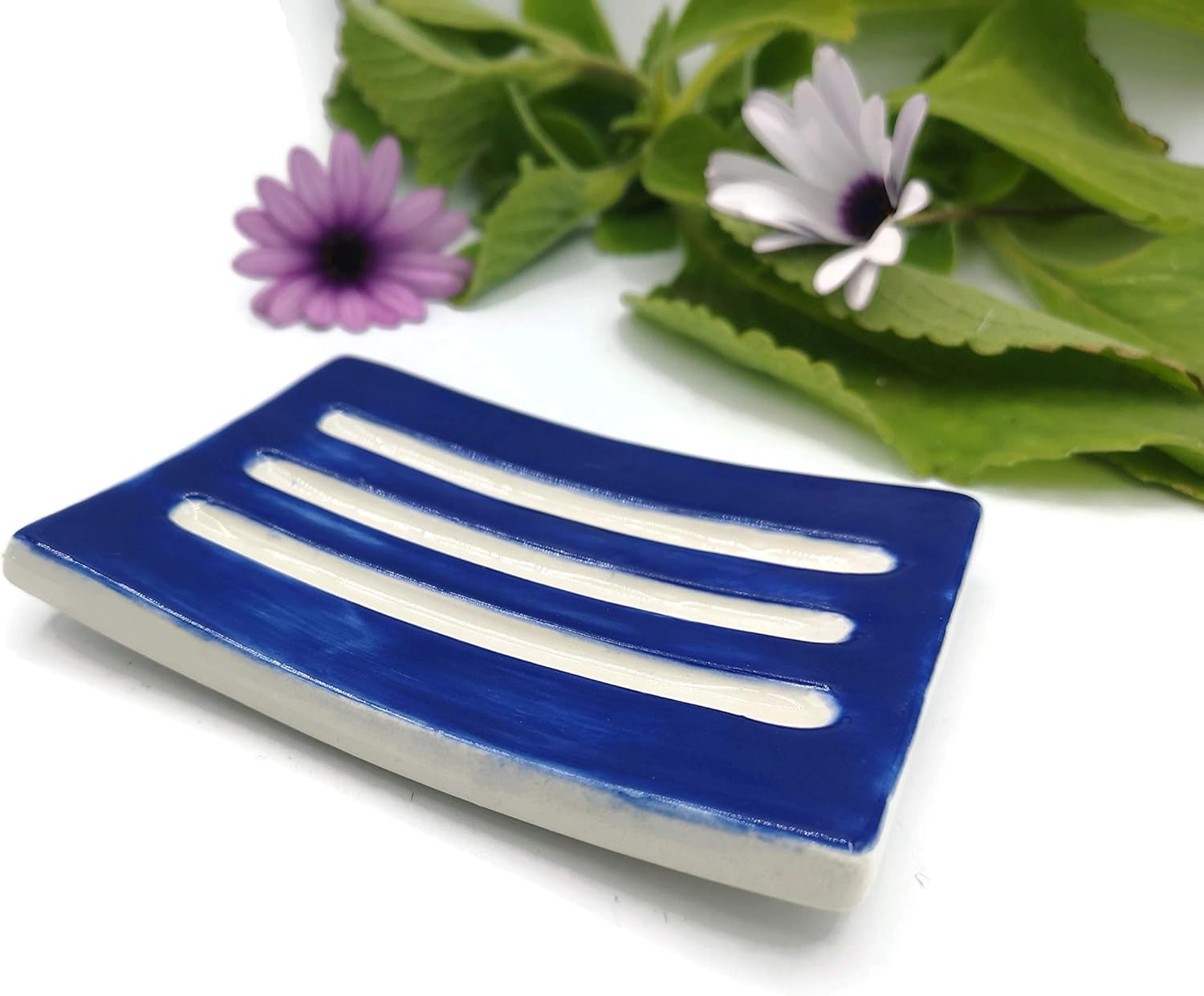 Dark Blue Handmade Ceramic Soap Dish Minimalist Rectangle Holder