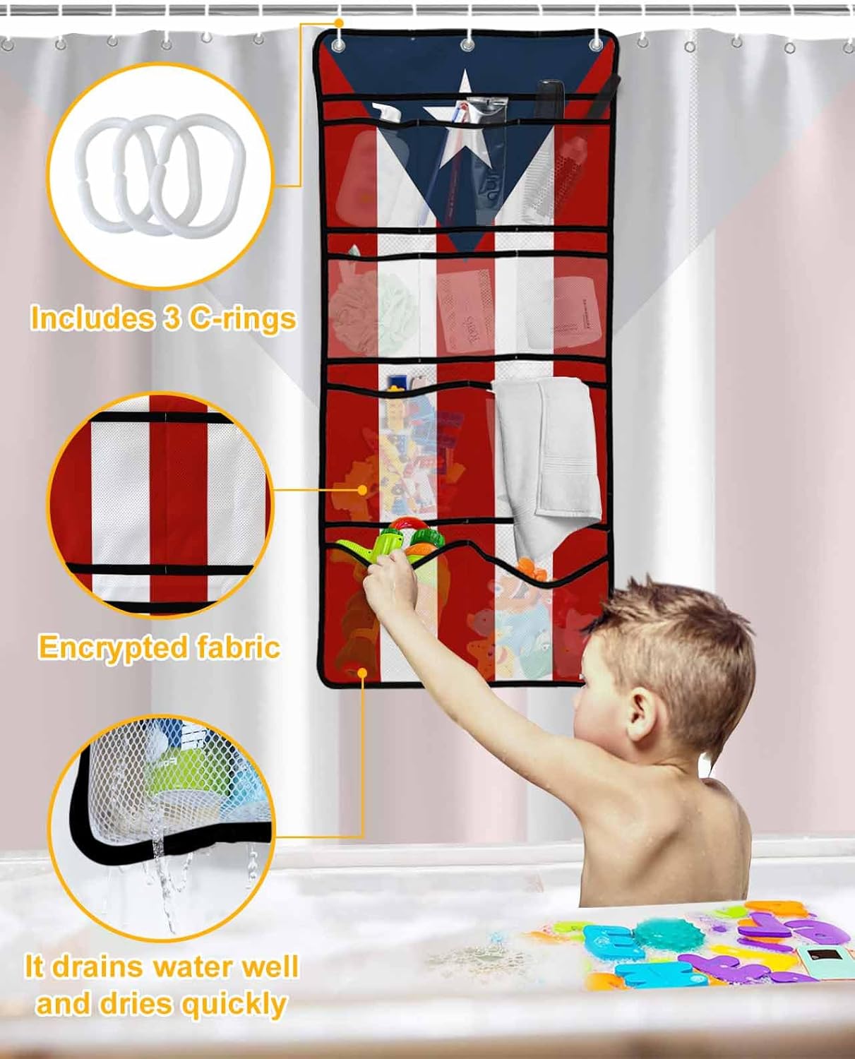 Shower Curtain Set with 10 Pockets and Puerto Rico FlagC