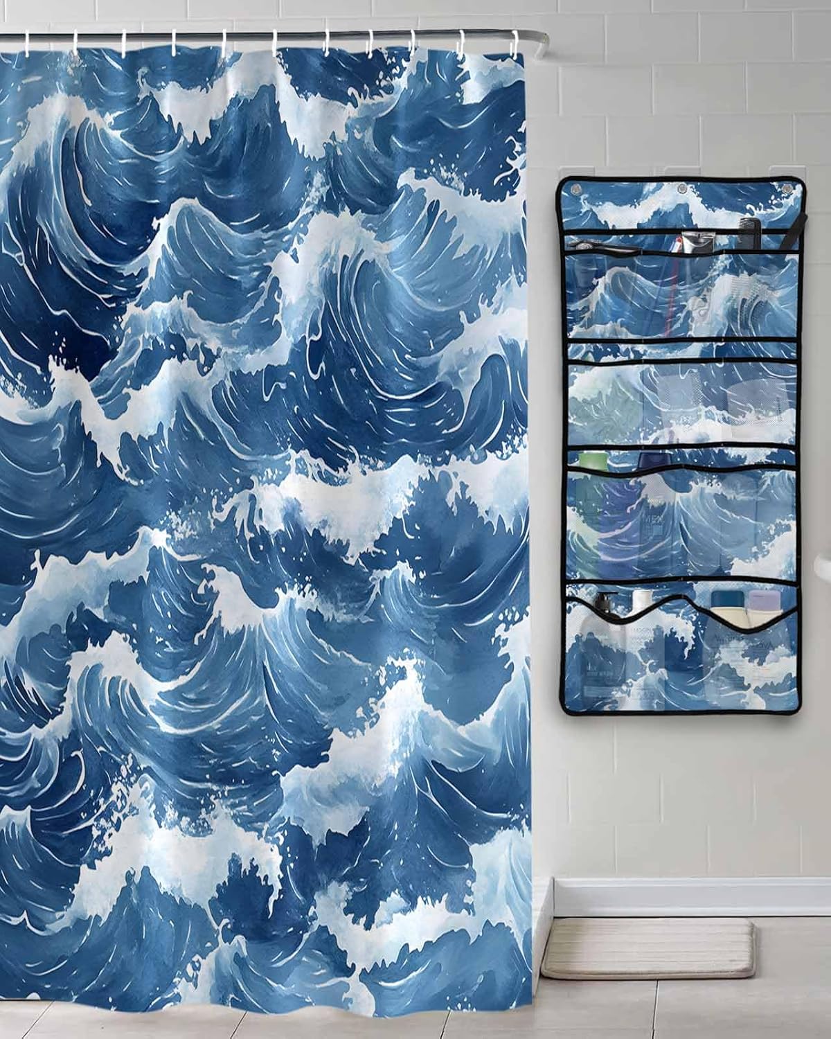 ZFUNCING Abstract Blue Meshed Bath Room Organizer Set 10 Pockets