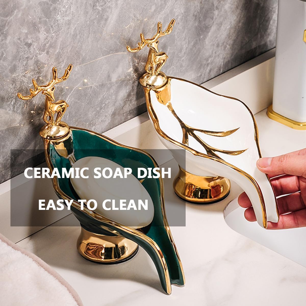 Compact Ceramic Soap Dish with Gold Deer Self-Draining for Bathroom Kitchen