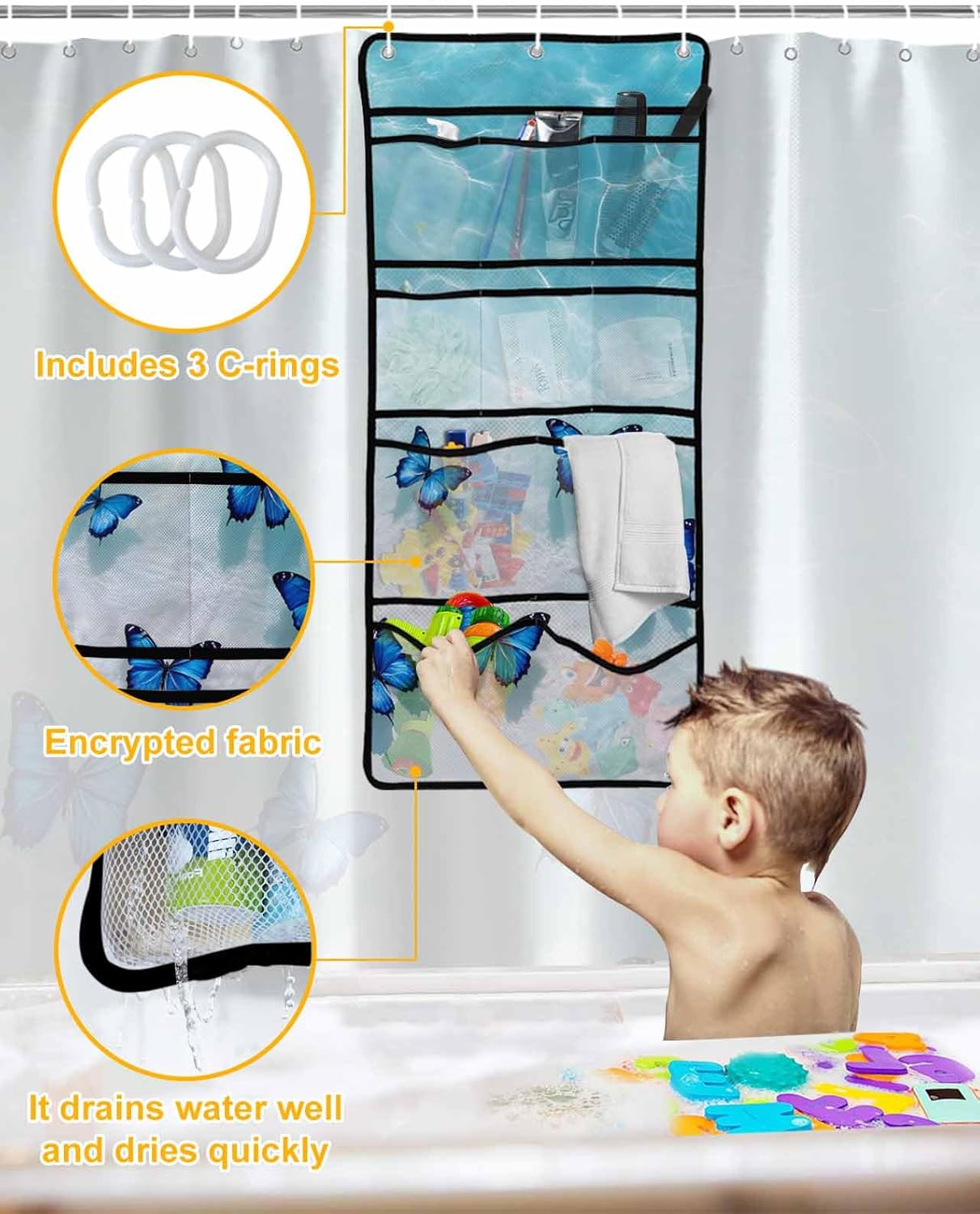 ZFUNCING Summer Blue Butterfly Waterproof Shower Curtain Set with Hooks