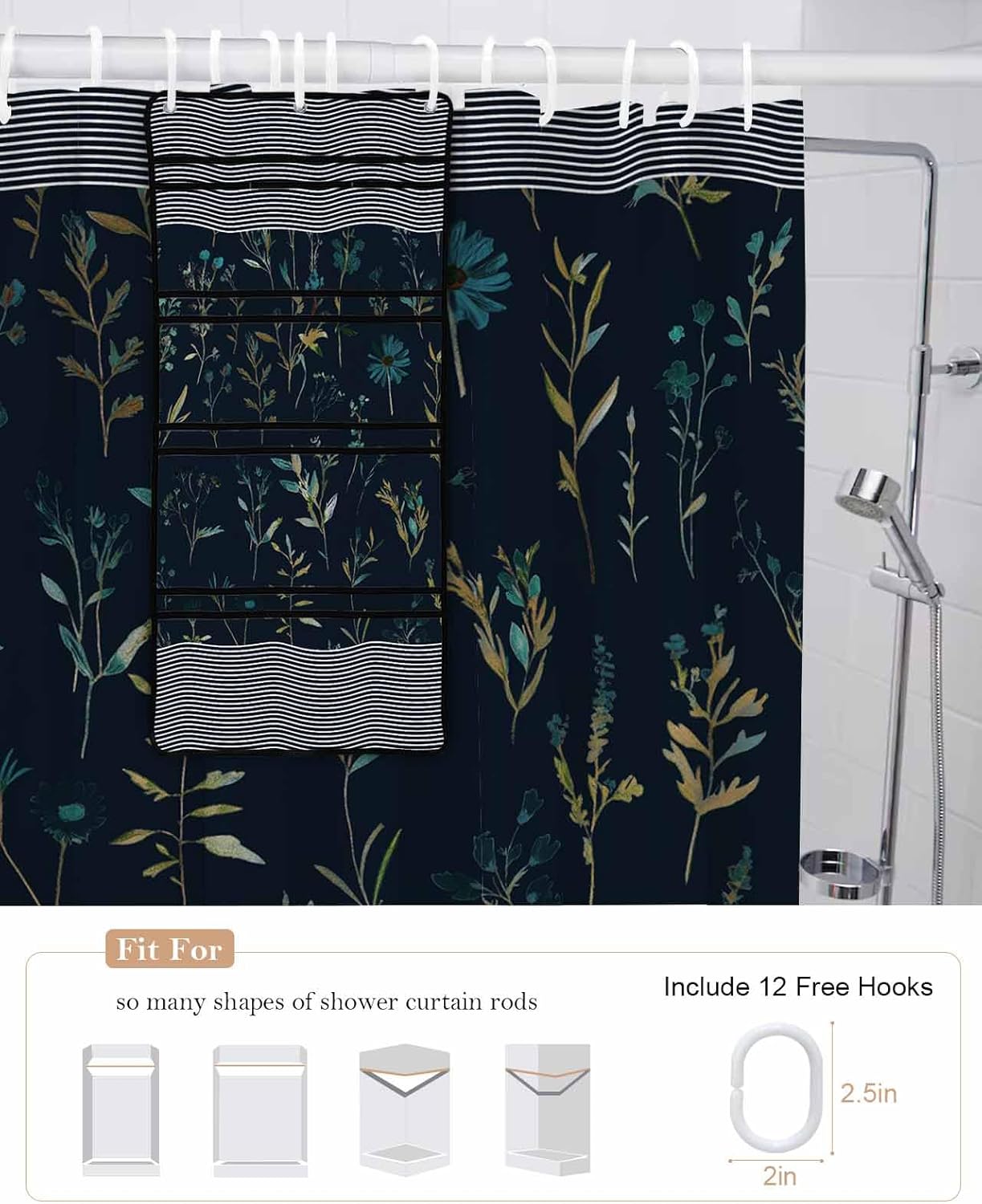 ZFUNCING Waterproof Shower Curtain with Mesh Organizer and Hooks