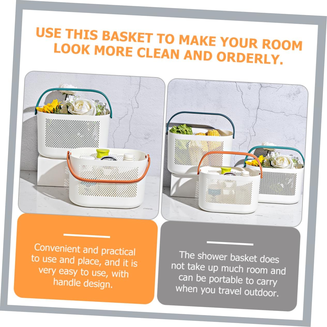 Portable shower organizer with handles for boys and girls travel
