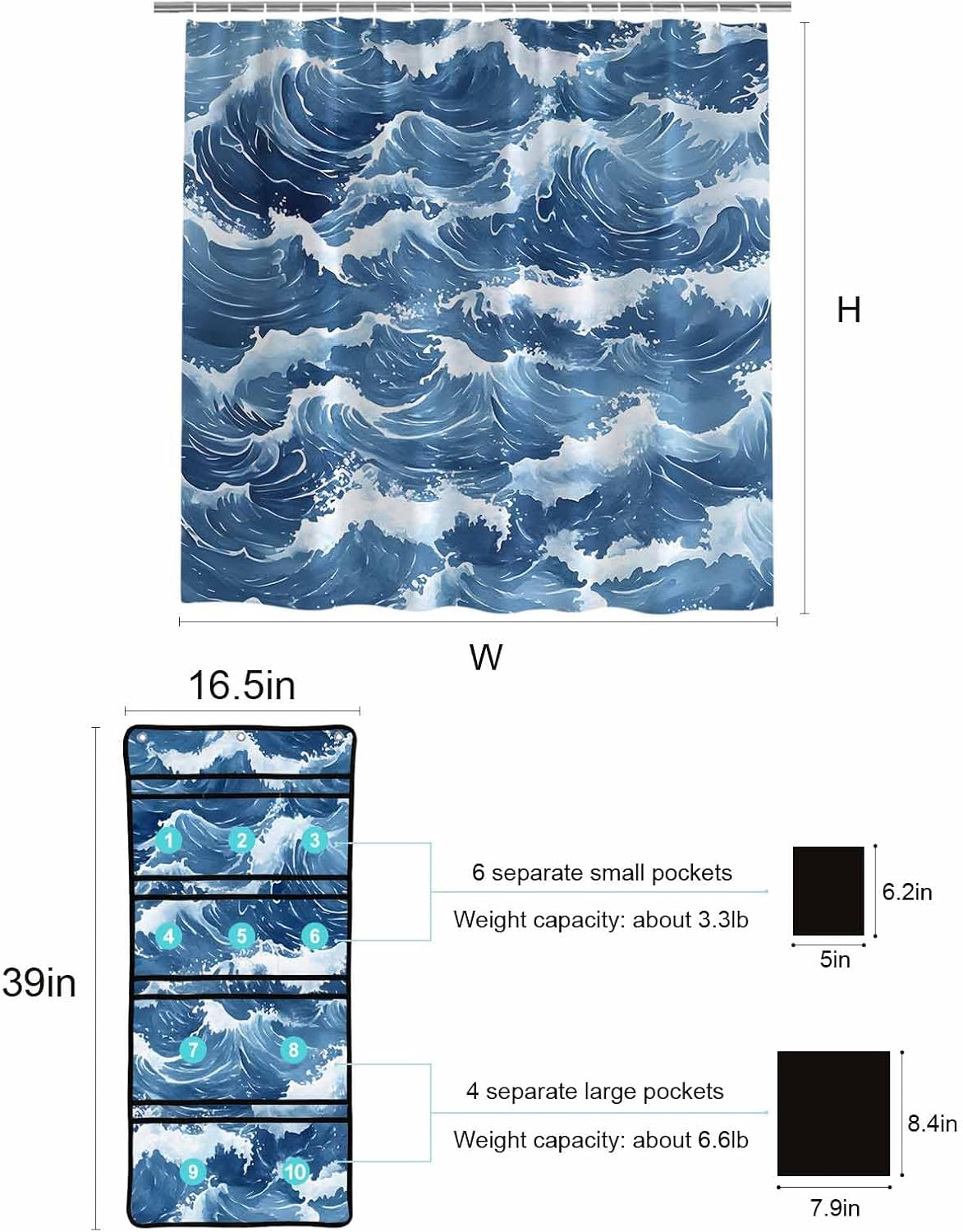 ZFUNCING Abstract Blue Meshed Bath Room Organizer Set 10 Pockets