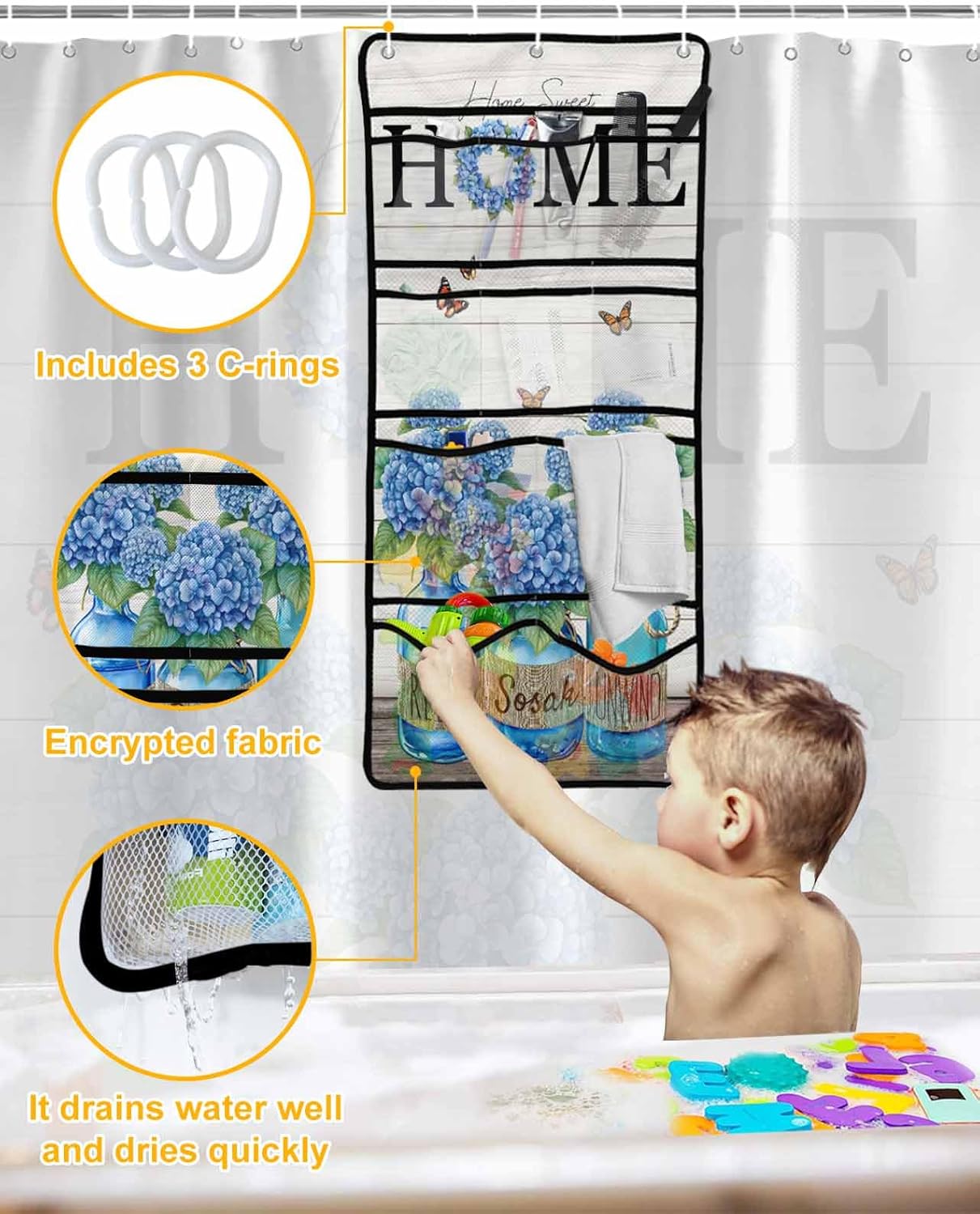 ZFUNCING Shower Curtain Set with Hooks and Organizer