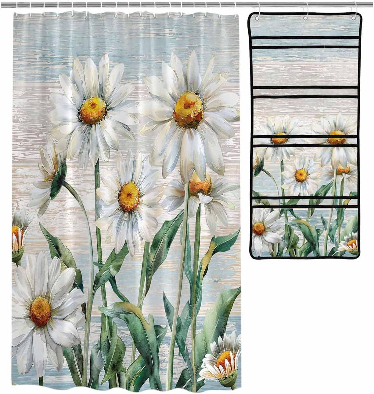ZFUNCING Rustic Floral Shower Curtain with 10 Pockets Organizer Set