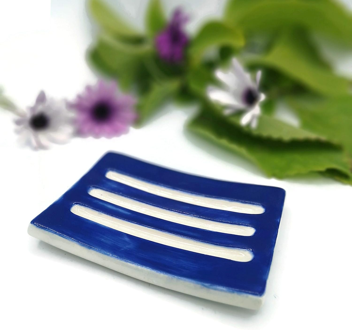 Dark Blue Handmade Ceramic Soap Dish Minimalist Rectangle Holder