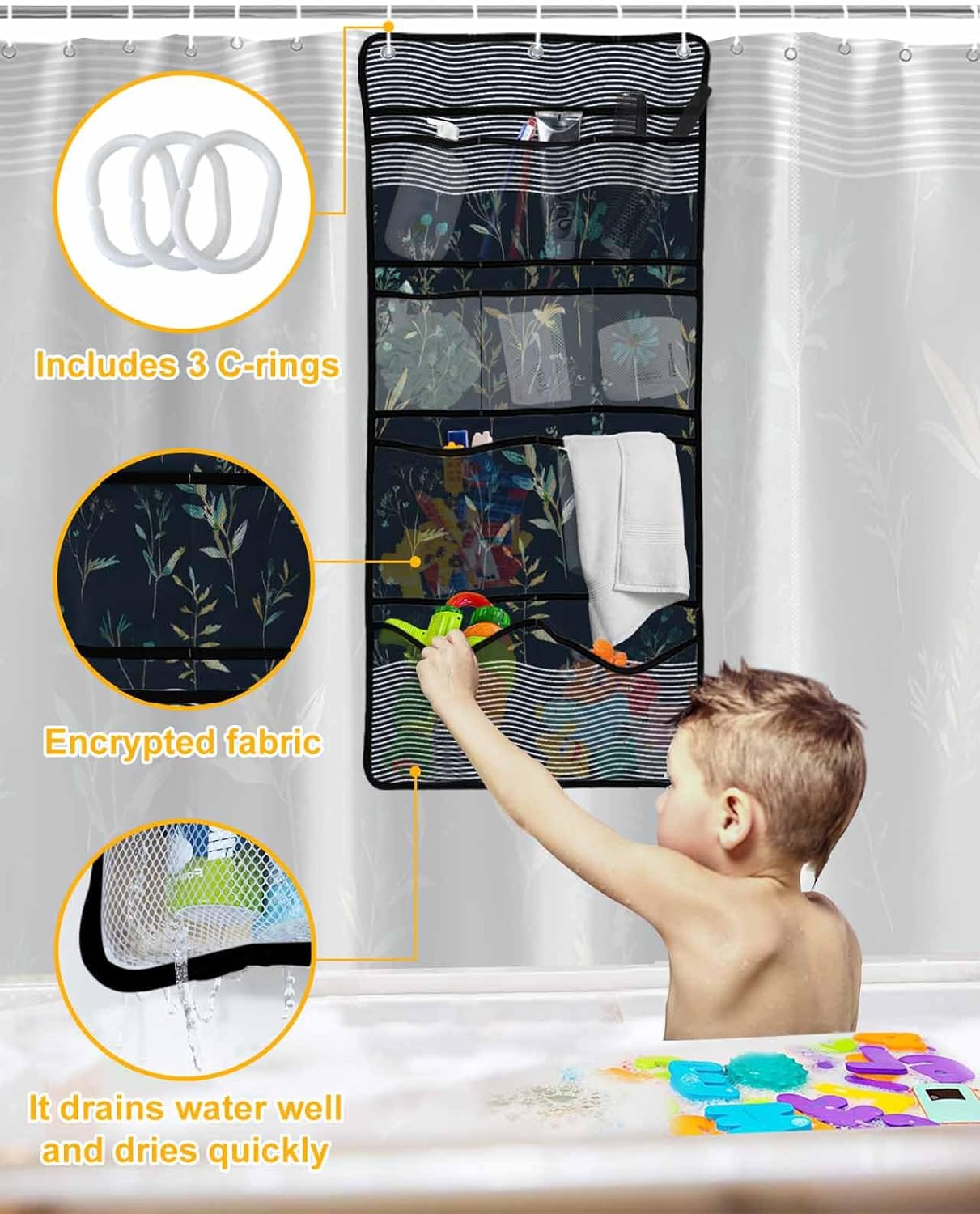 ZFUNCING Waterproof Shower Curtain with Mesh Organizer and Hooks