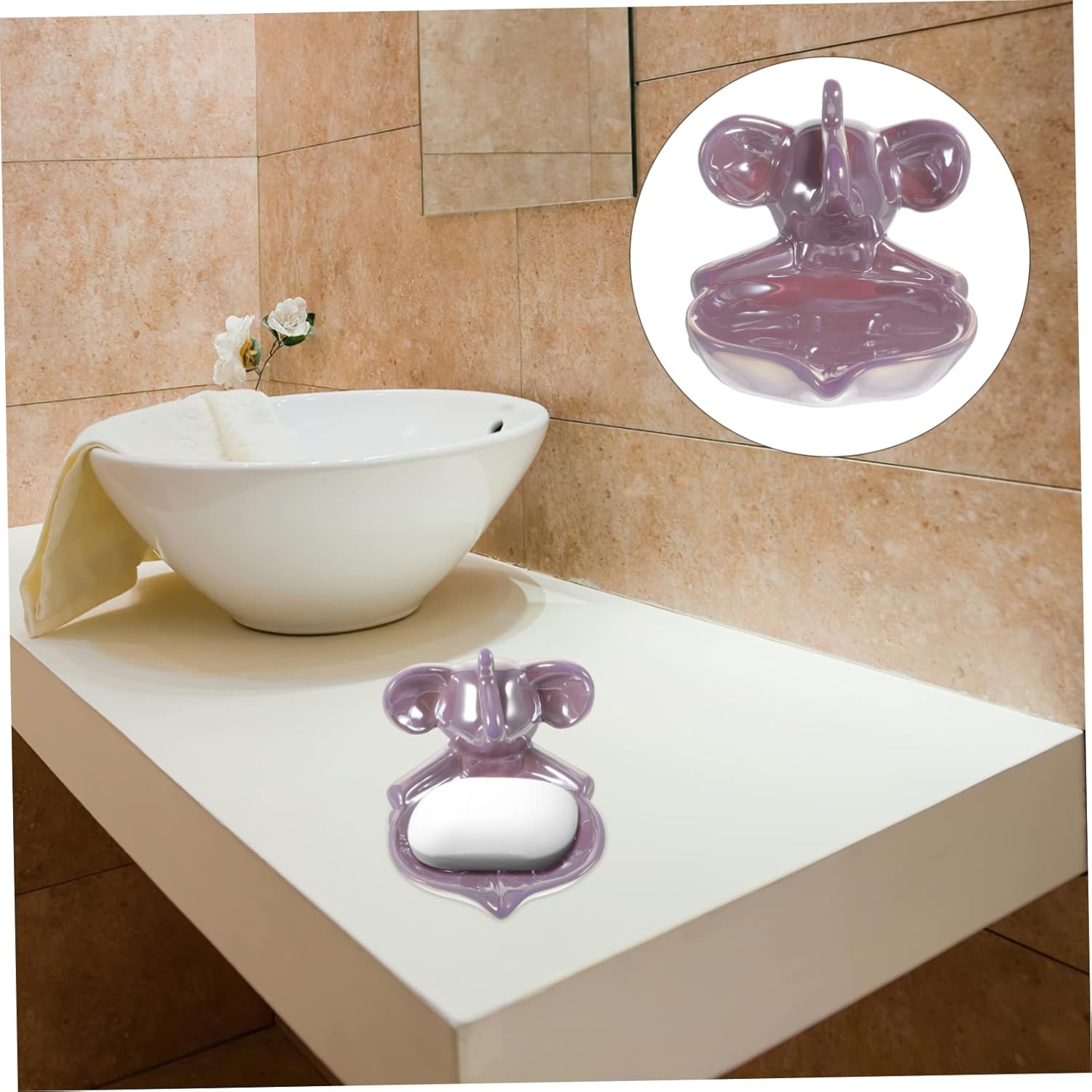 Adorable Ceramic Elephant Soap Dish Self-Draining for Bathroom Kitchen