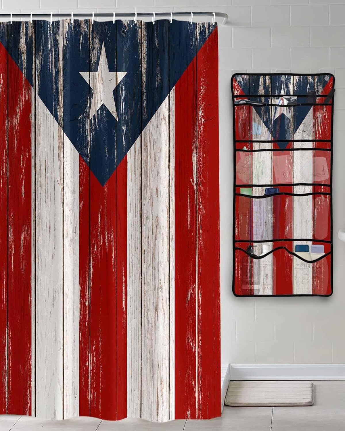 Herbed Puerto Rico Flag Water Proof ShowerCurtain Organizer Set with 10 Pockets