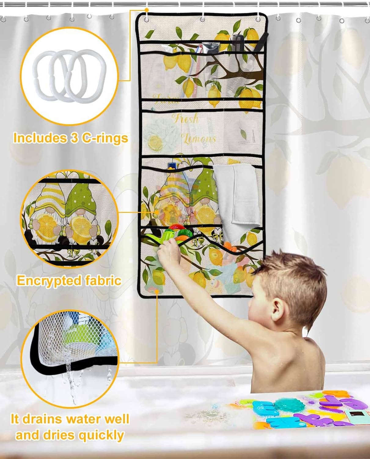 ZFUNCING Farm Yellow Lemon Yellow Gnome Mesh Shower Curtain Organizer Set Waterproof Rustic