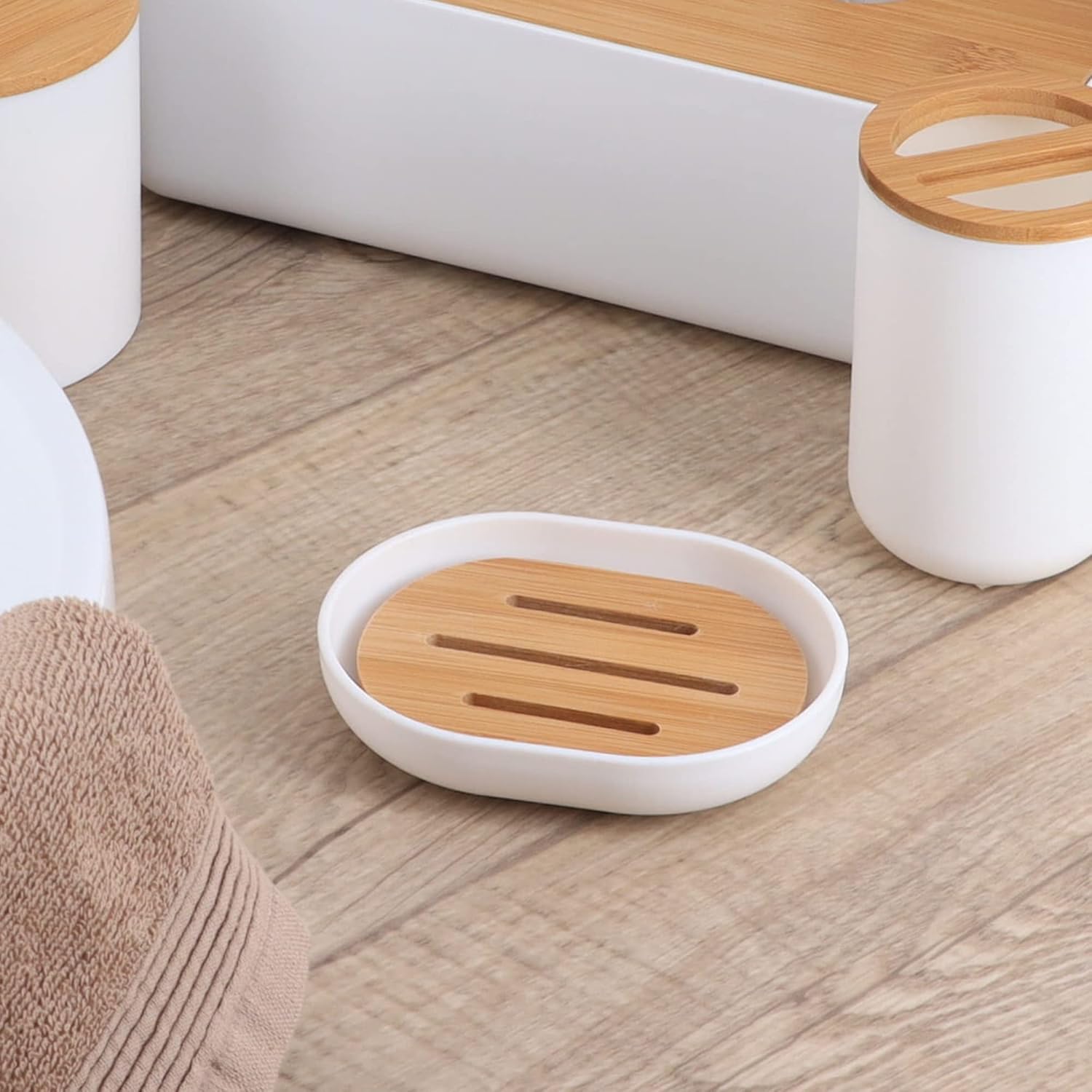 EVIDECO Premium White Soap Dish with Bamboo Tray - Stylish Bathroom Accessory