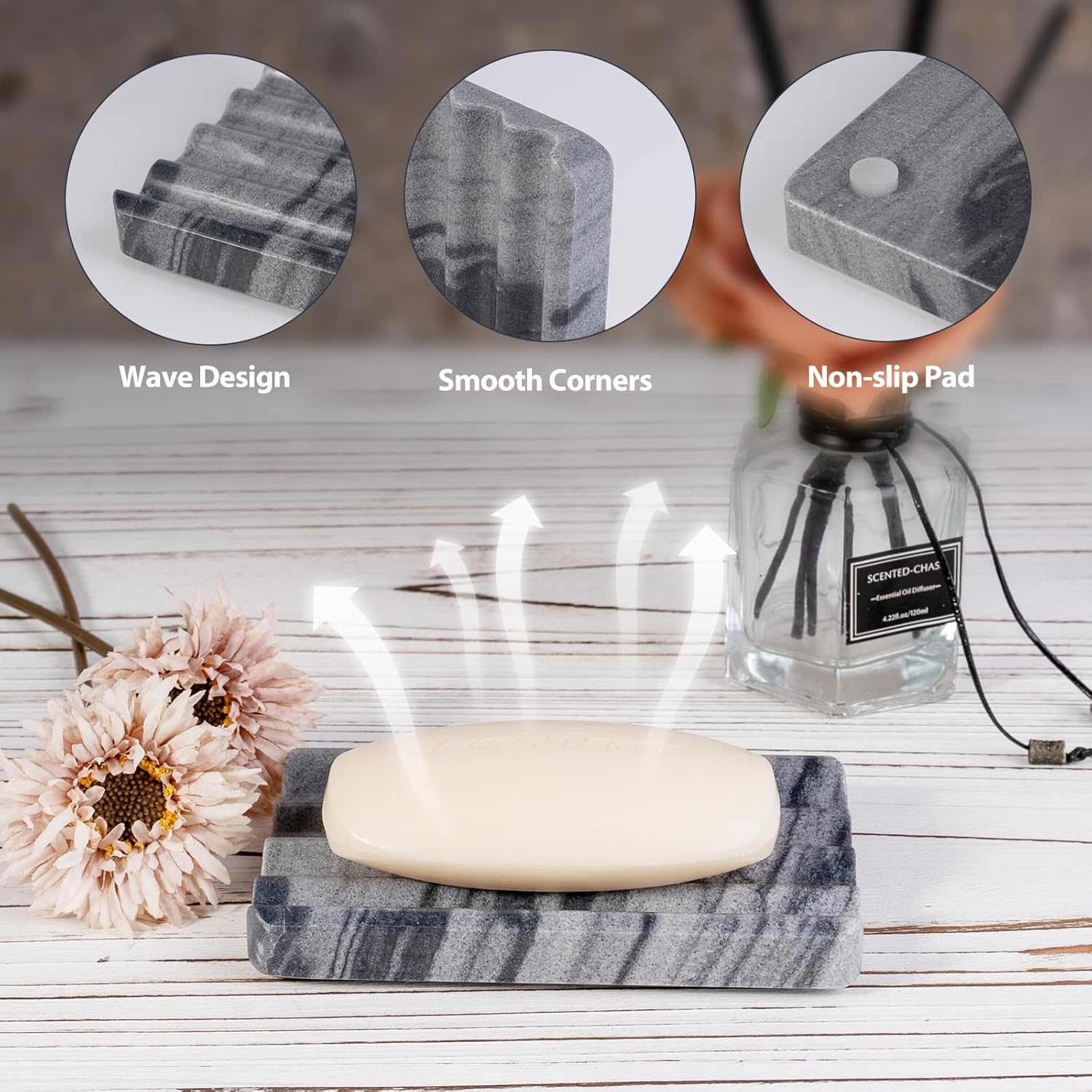 2 Pcs Marble Soap Dish Wave Design Kitchen Bathroom Organizer