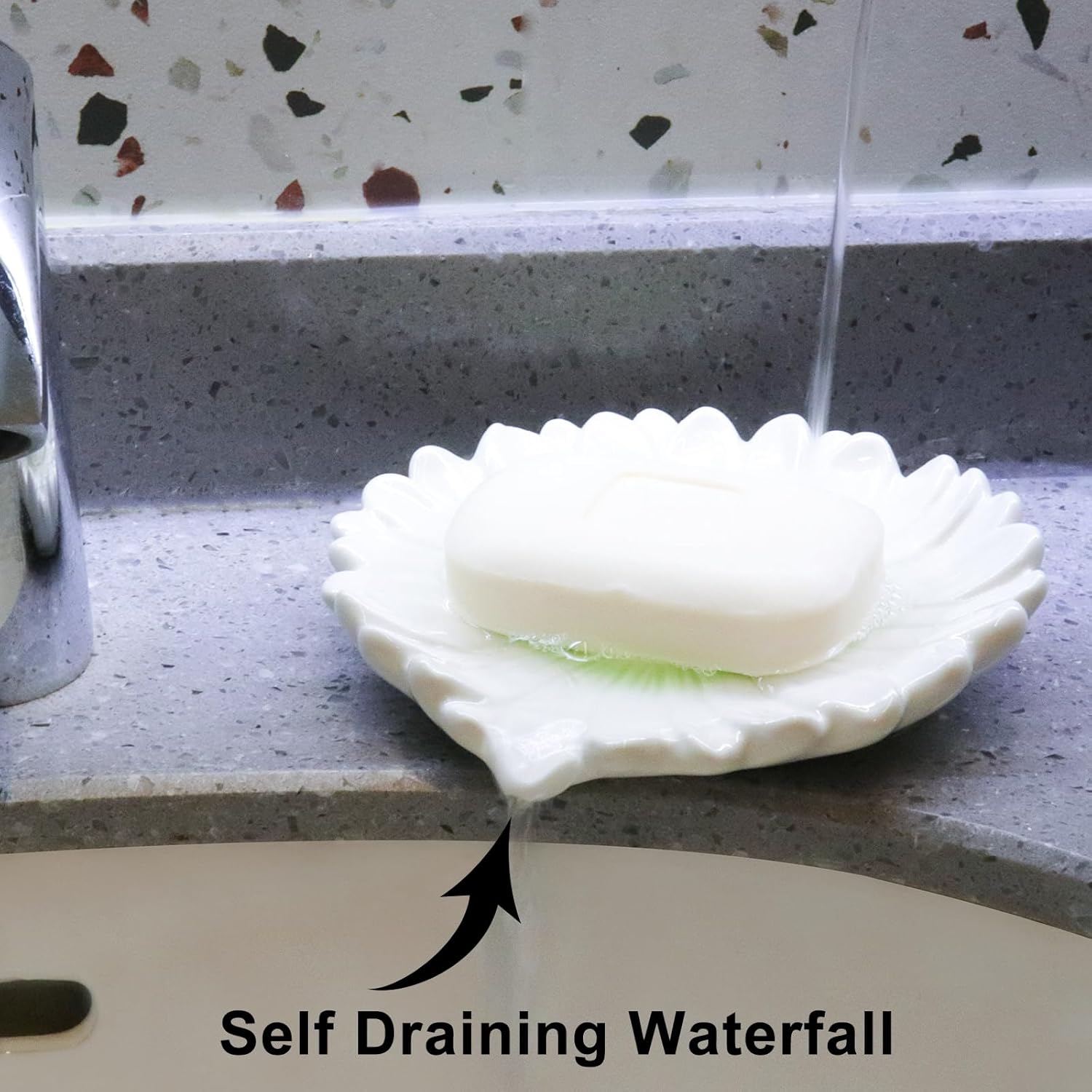 Polyroyal Daisy Flower Ceramic Waterfall Soap Dish Self-Draining