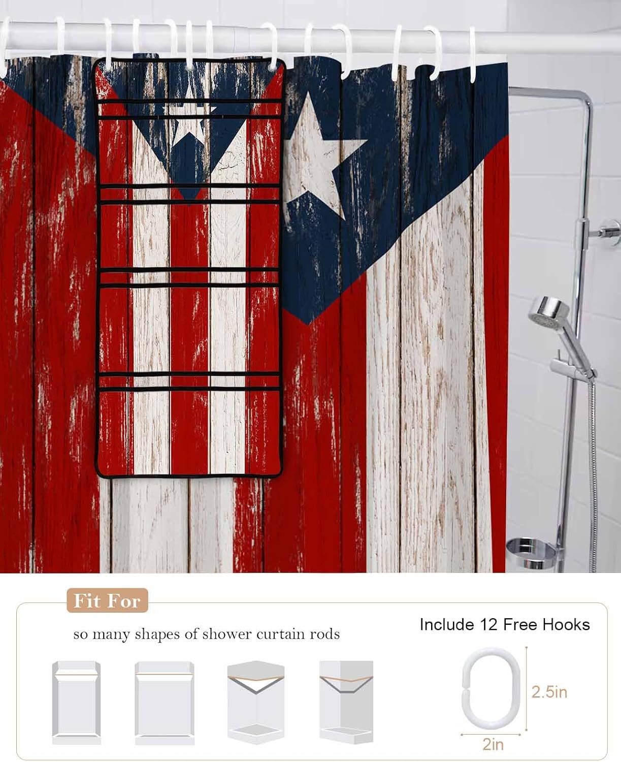 Herbed Puerto Rico Flag Water Proof ShowerCurtain Organizer Set with 10 Pockets