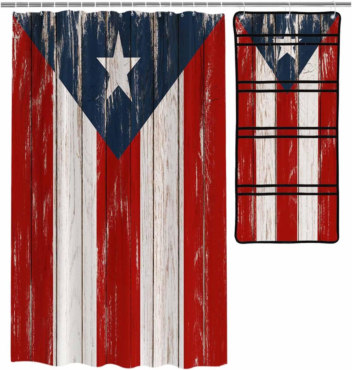 Herbed Puerto Rico Flag Water Proof ShowerCurtain Organizer Set with 10 Pockets