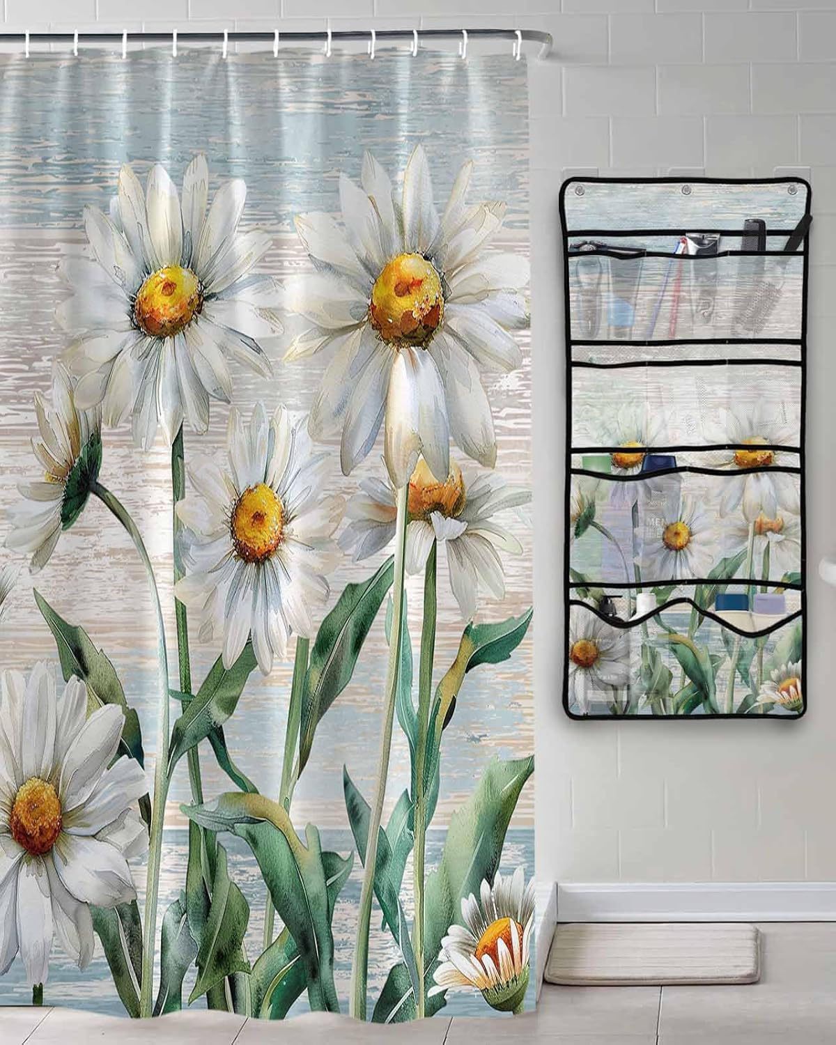 ZFUNCING Rustic Floral Shower Curtain with 10 Pockets Organizer Set