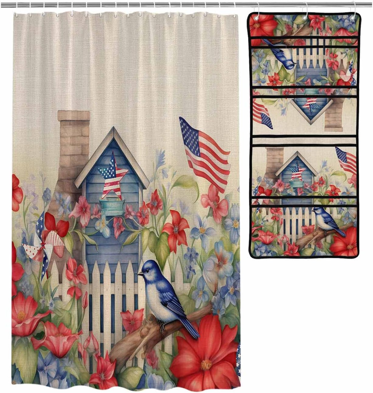 Waterproof Shower curtain with mesh caddy for home use