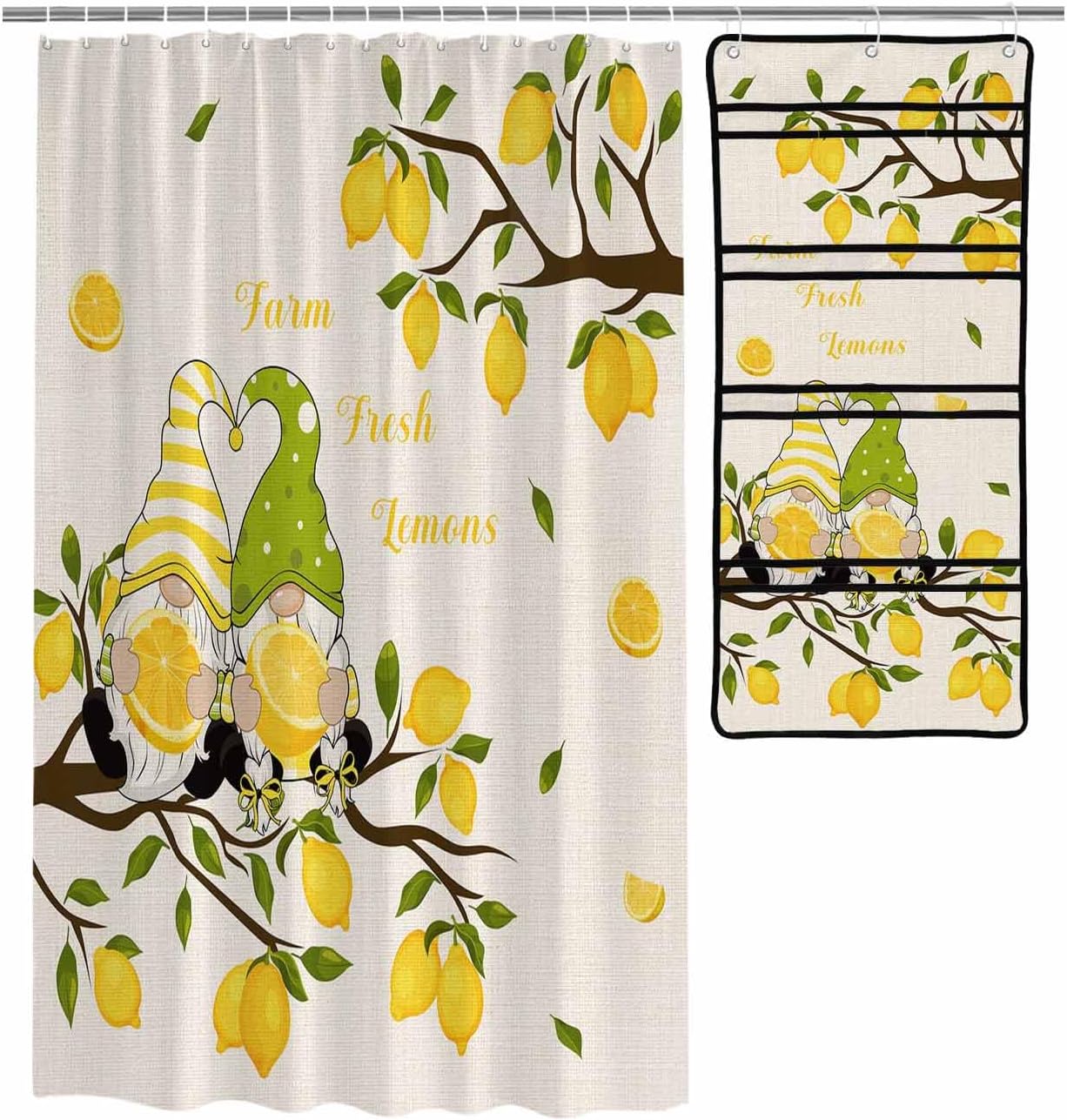 ZFUNCING Farm Yellow Lemon Yellow Gnome Mesh Shower Curtain Organizer Set Waterproof Rustic