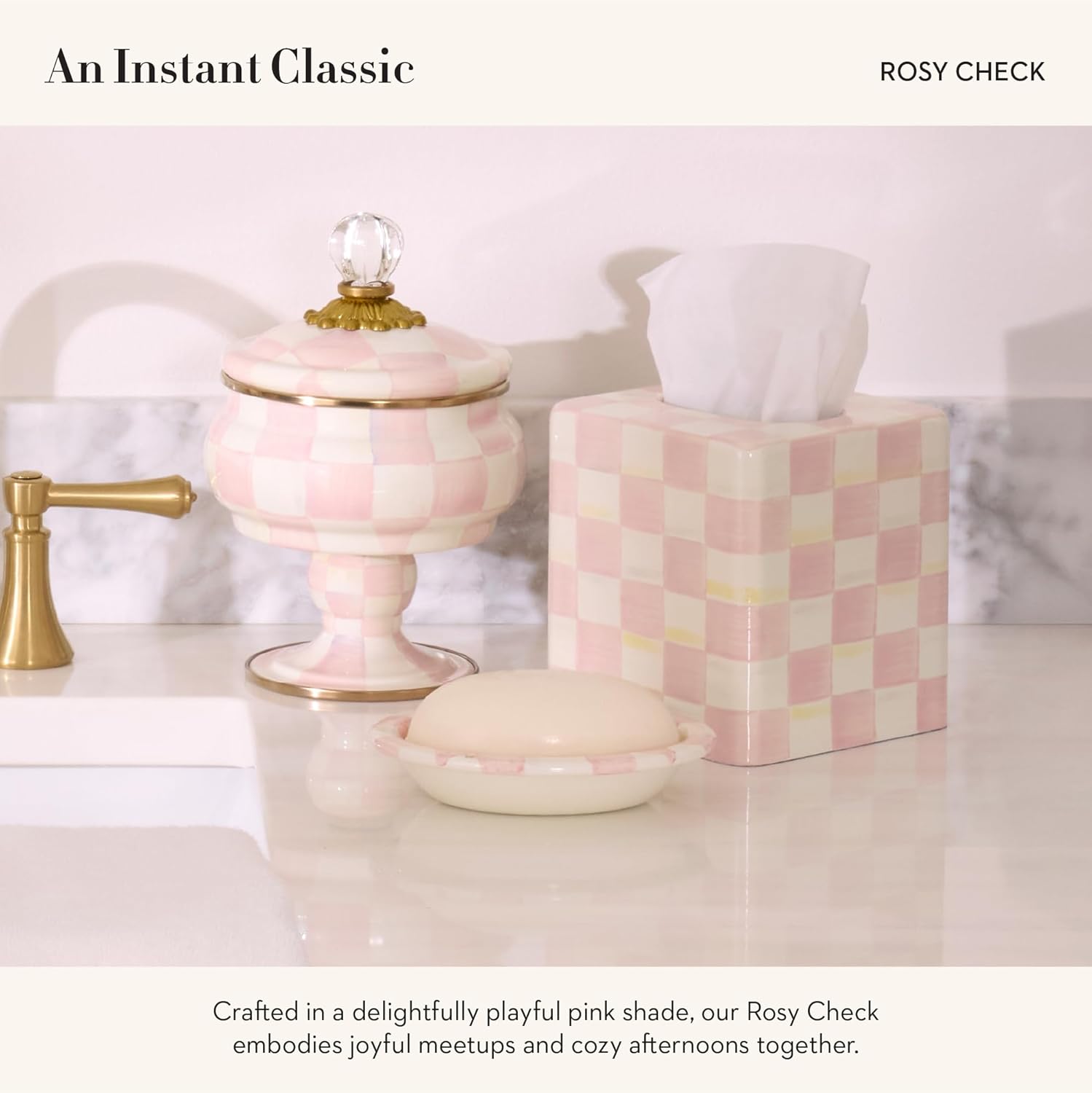 MACKENZIE-CHILDS Enamel Pink-White Rosy Checkbest bath or kitchen soap dish