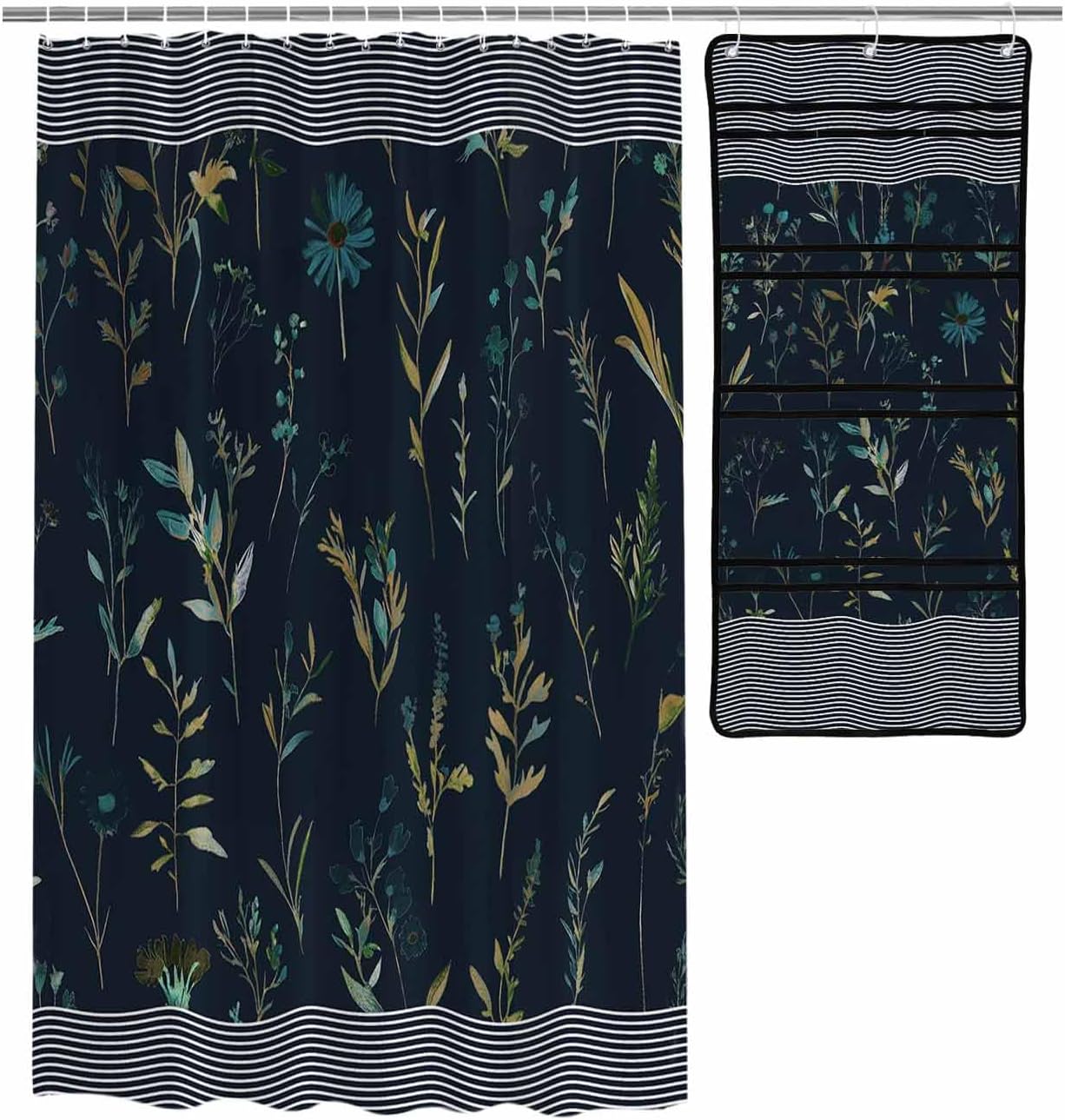 ZFUNCING Waterproof Shower Curtain with Mesh Organizer and Hooks