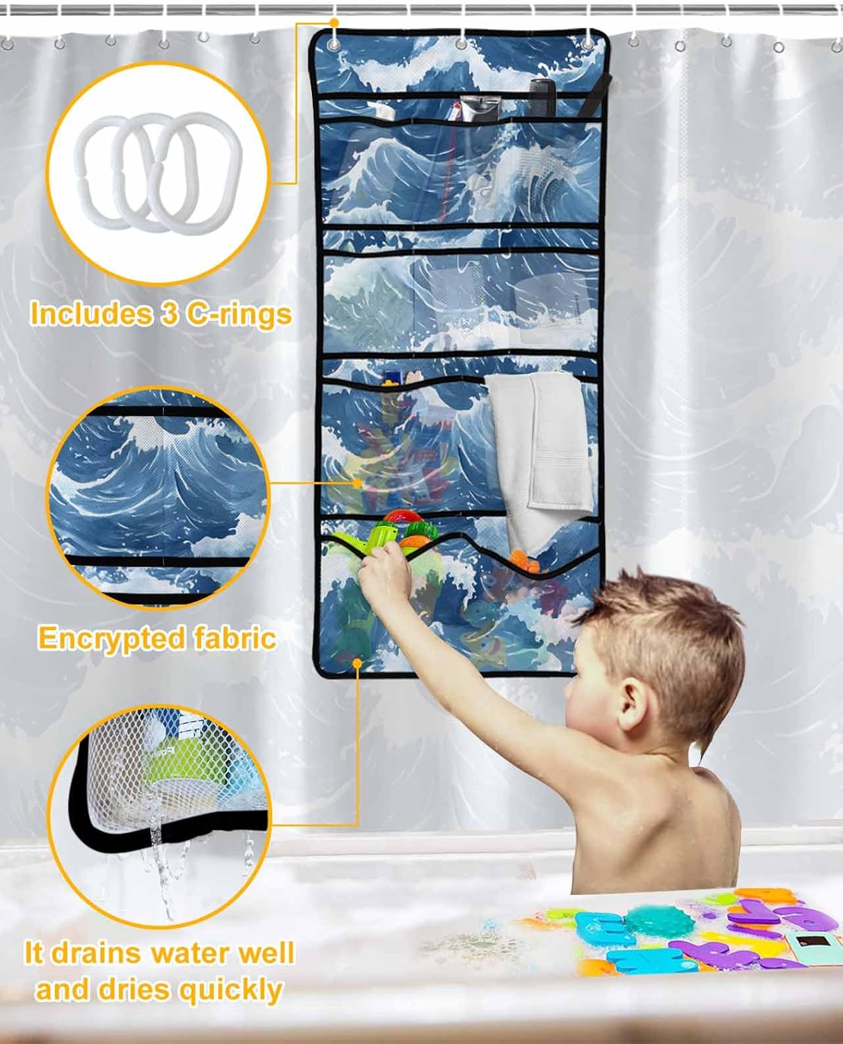 ZFUNCING Abstract Blue Meshed Bath Room Organizer Set 10 Pockets