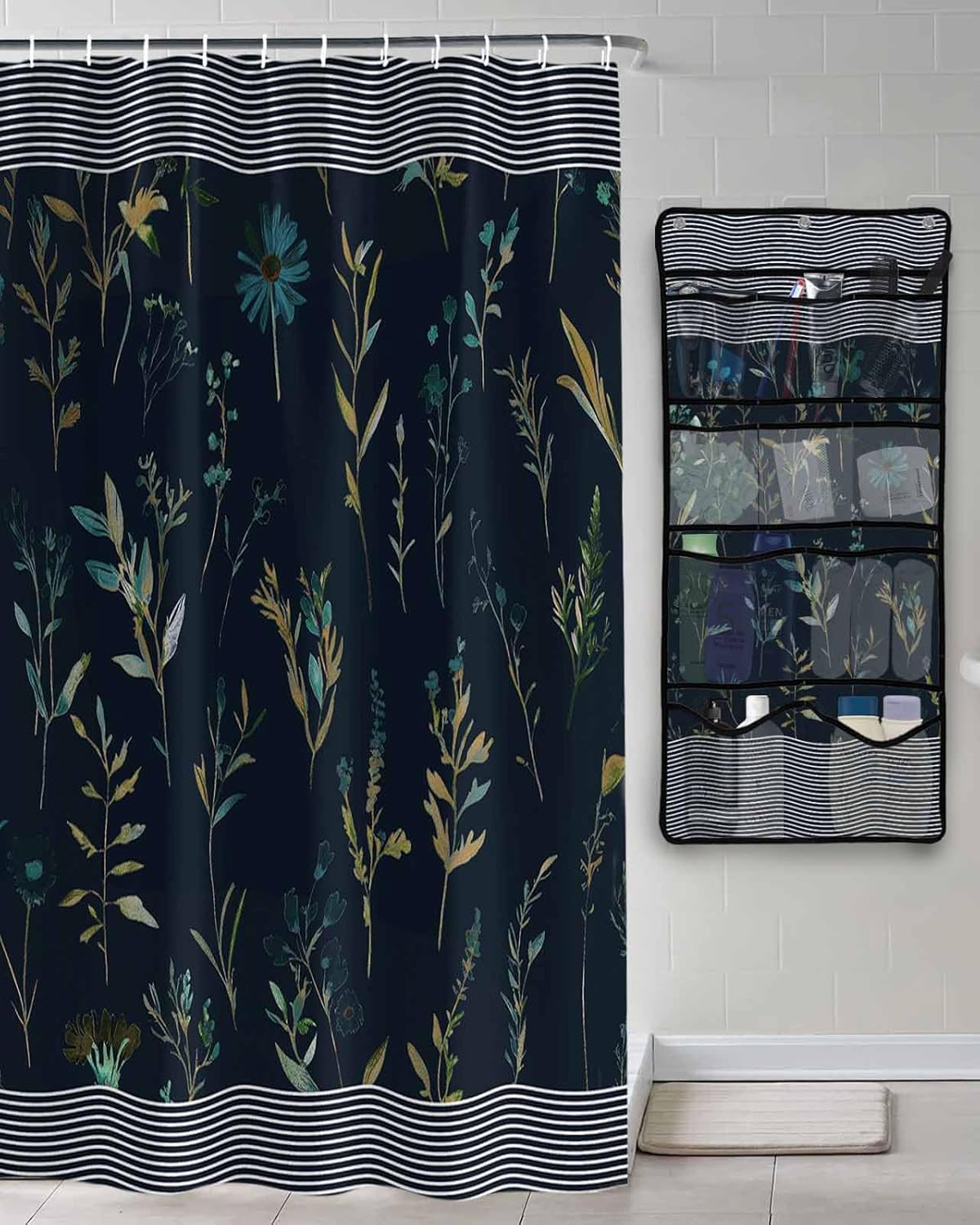ZFUNCING Waterproof Shower Curtain with Mesh Organizer and Hooks