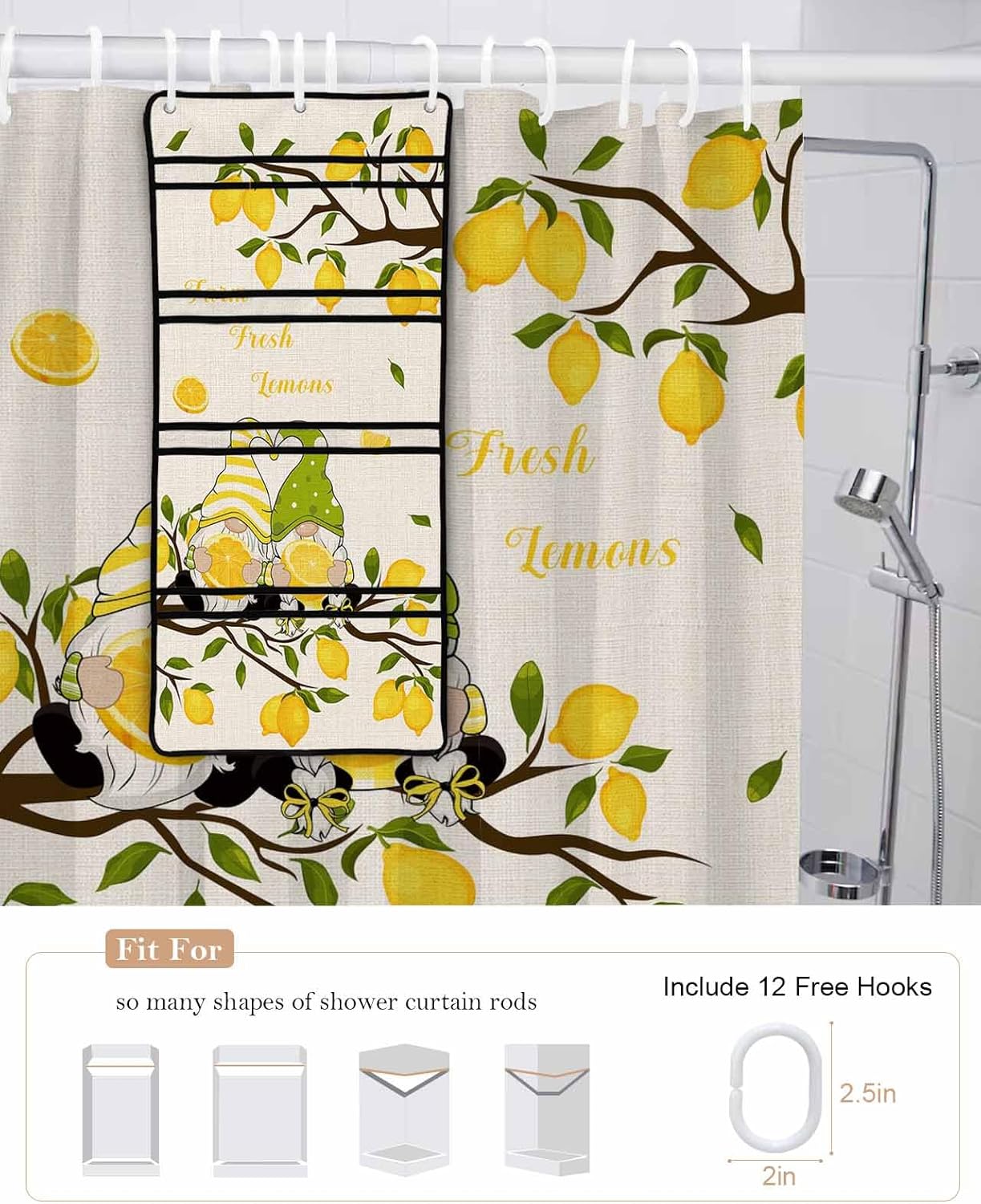 ZFUNCING Farm Yellow Lemon Yellow Gnome Mesh Shower Curtain Organizer Set Waterproof Rustic