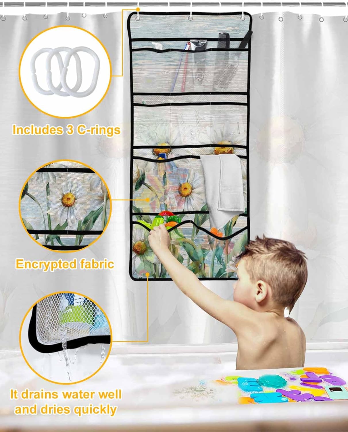 ZFUNCING Rustic Floral Shower Curtain with 10 Pockets Organizer Set
