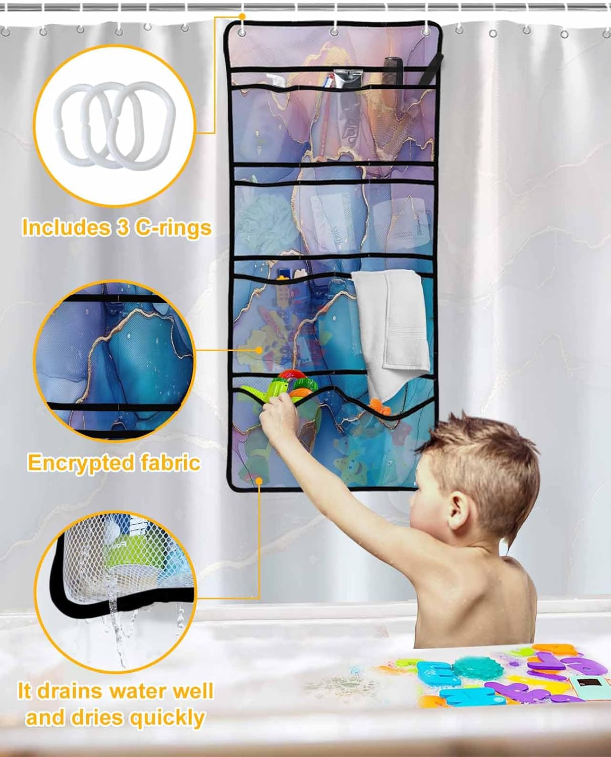 Stylish 10-Pocket Mesh Shower Organizer with Gradient Marble Texture