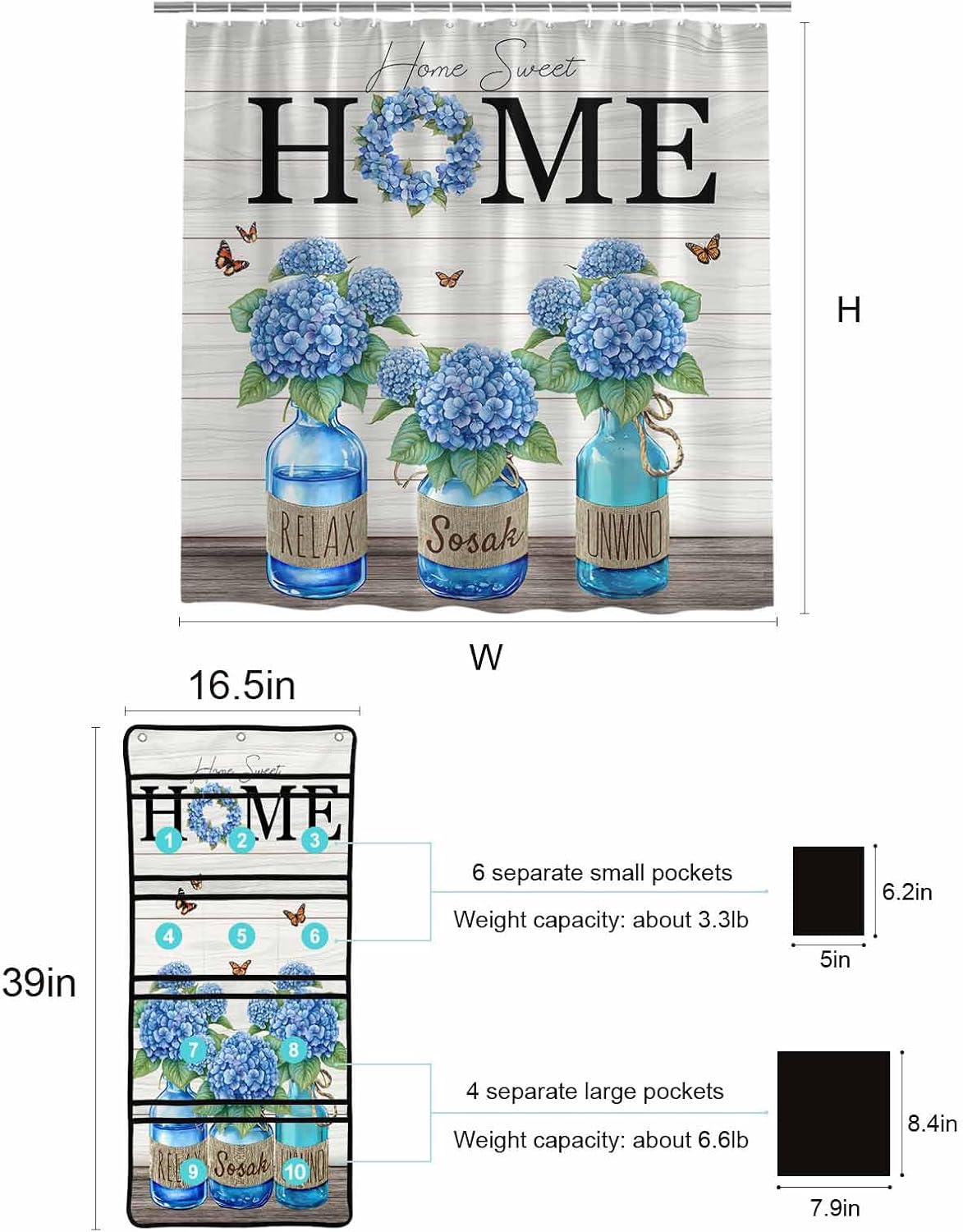 ZFUNCING Shower Curtain Set with Hooks and Organizer