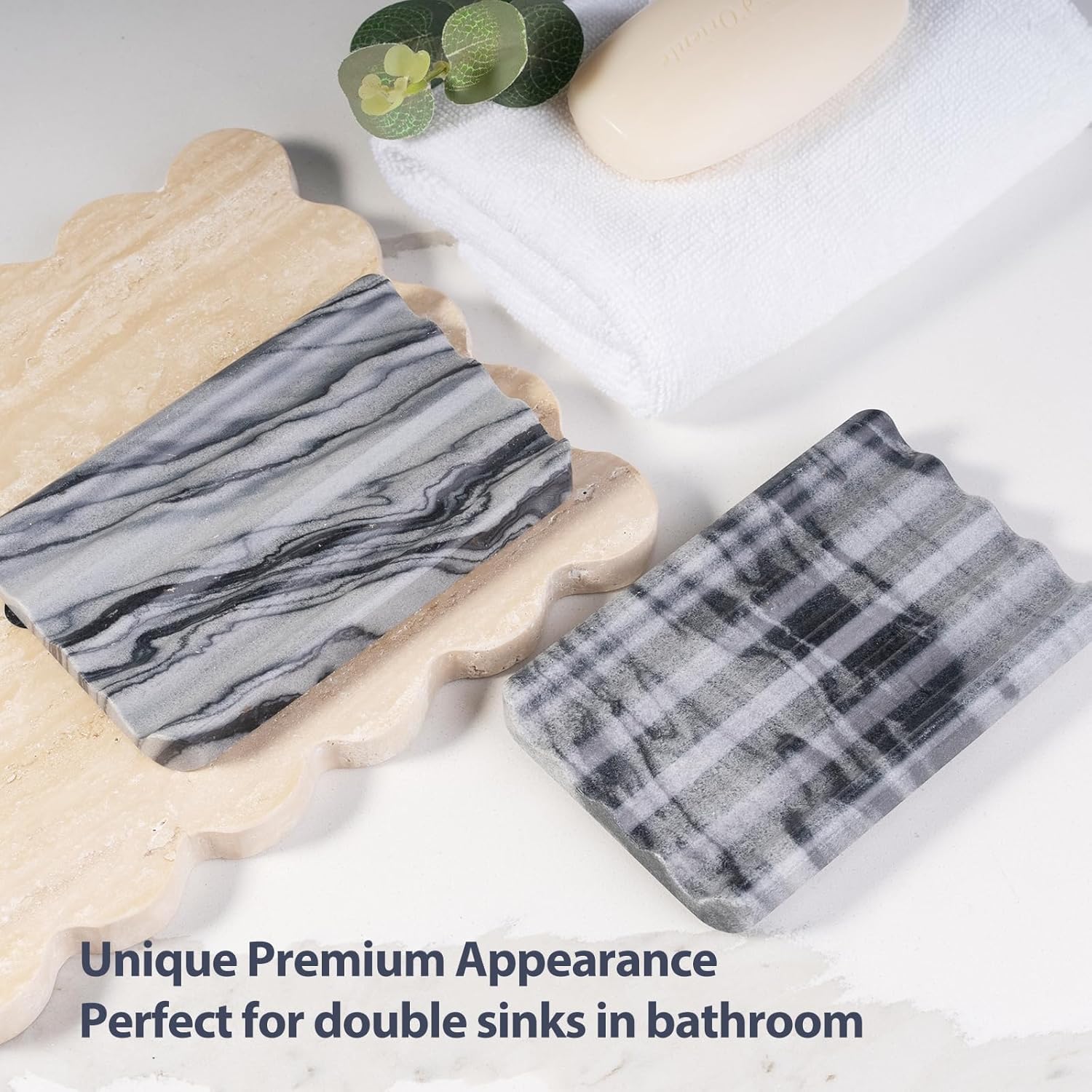 2 Pcs Marble Soap Dish Wave Design Kitchen Bathroom Organizer