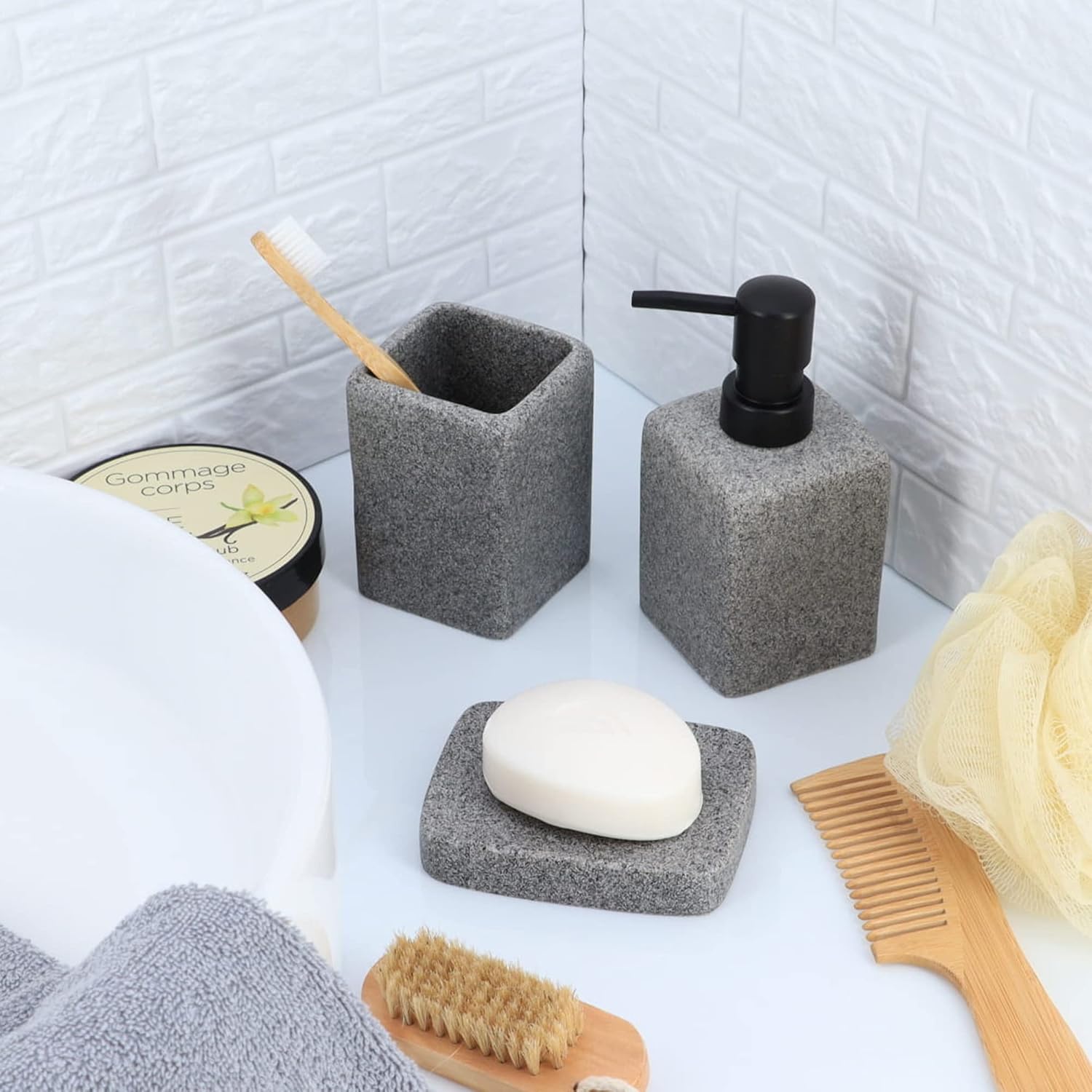 RectangularGreyGraniteSoapDishCupDispenser