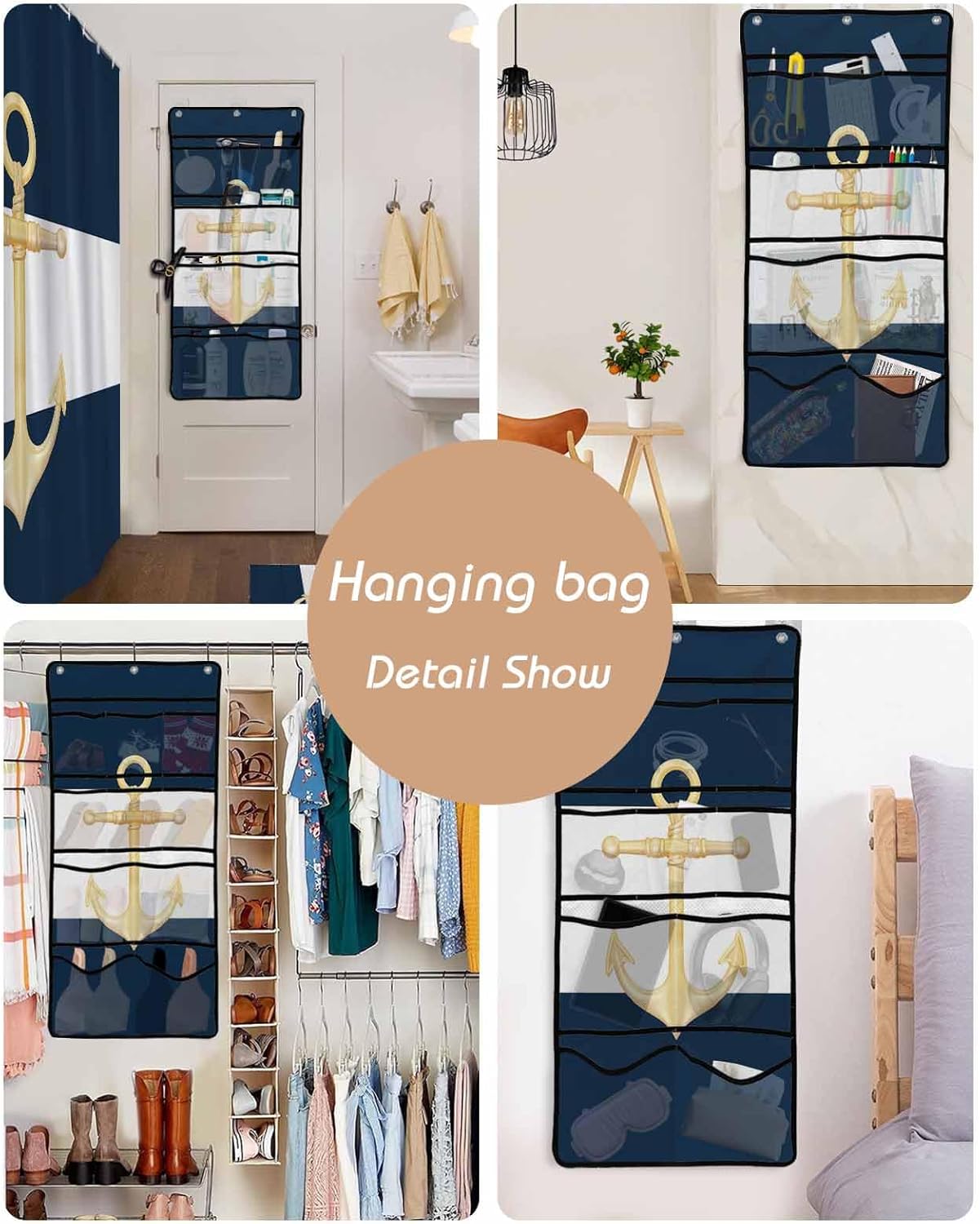 ZFUNCING Gold Sea Anchor Blue White Waterproof Shower Curtain Set