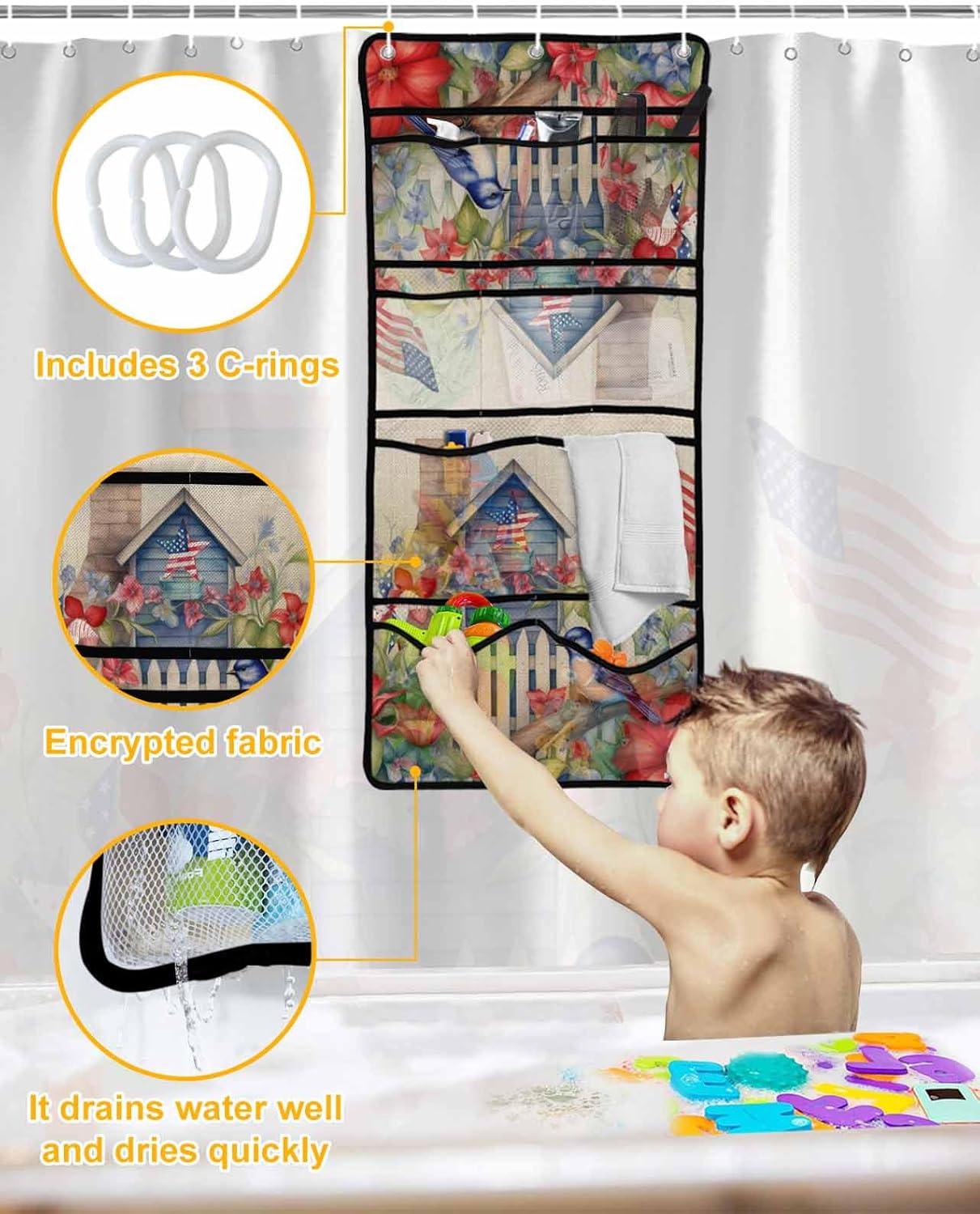 Waterproof Shower curtain with mesh caddy for home use
