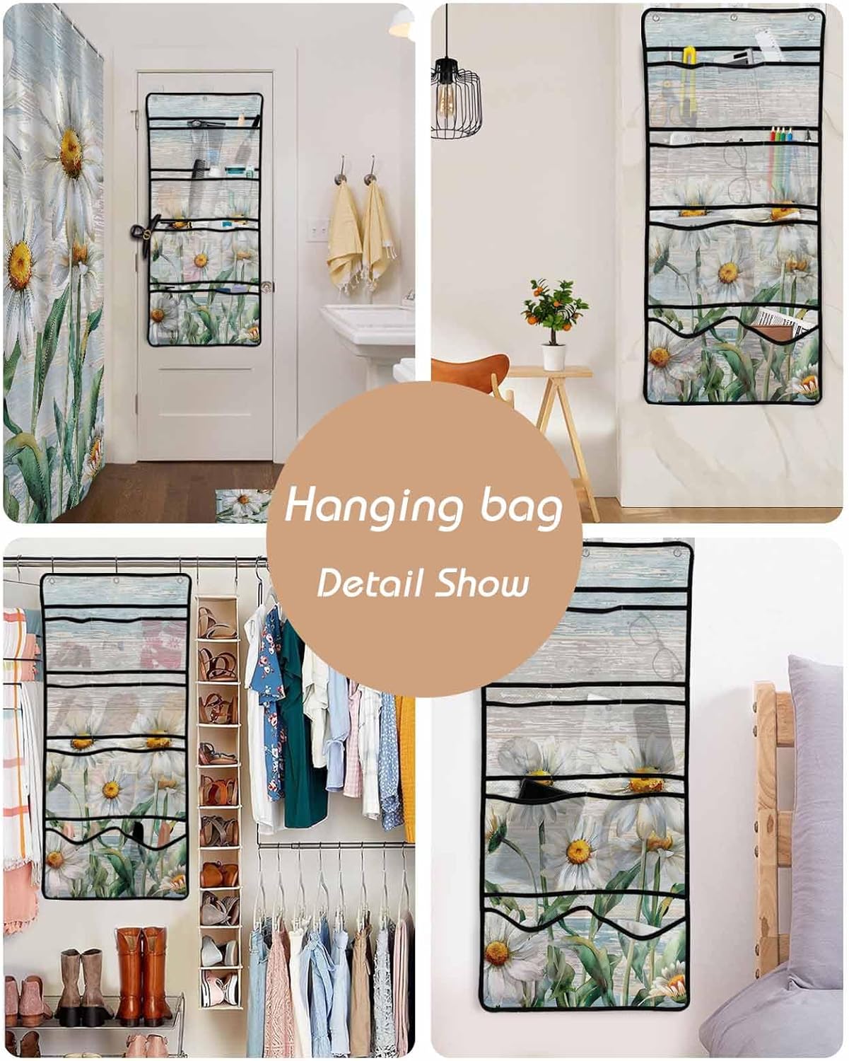 ZFUNCING Rustic Floral Shower Curtain with 10 Pockets Organizer Set