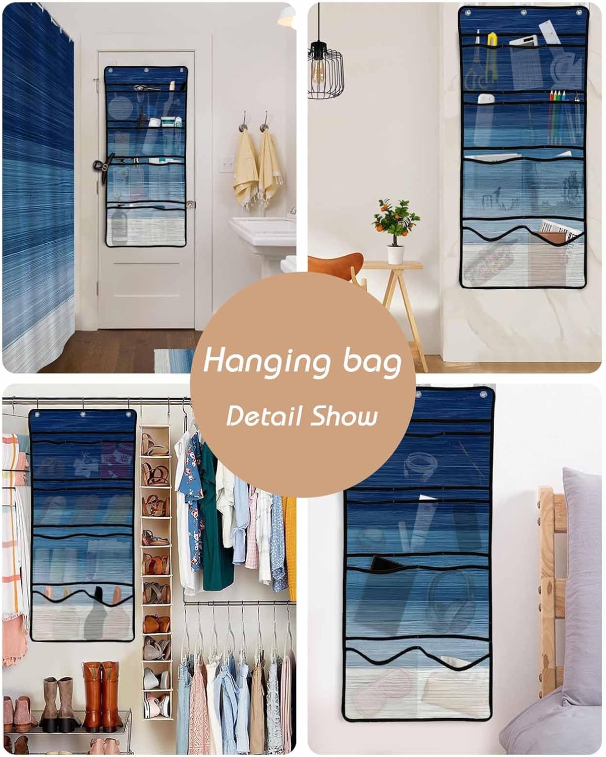 ZFUNCING Navy Blue White Gradient Shower Curtain Set with 10 Pockets