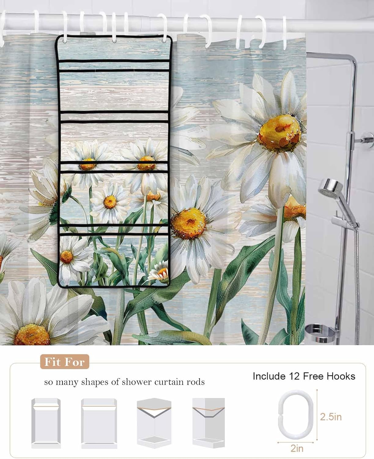 ZFUNCING Rustic Floral Shower Curtain with 10 Pockets Organizer Set