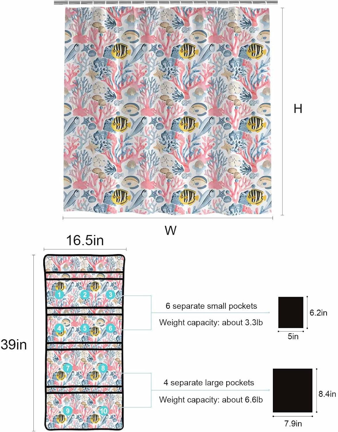 ZFUNCING Mesh Shower Curtain Set 10-Pockets Waterproof
